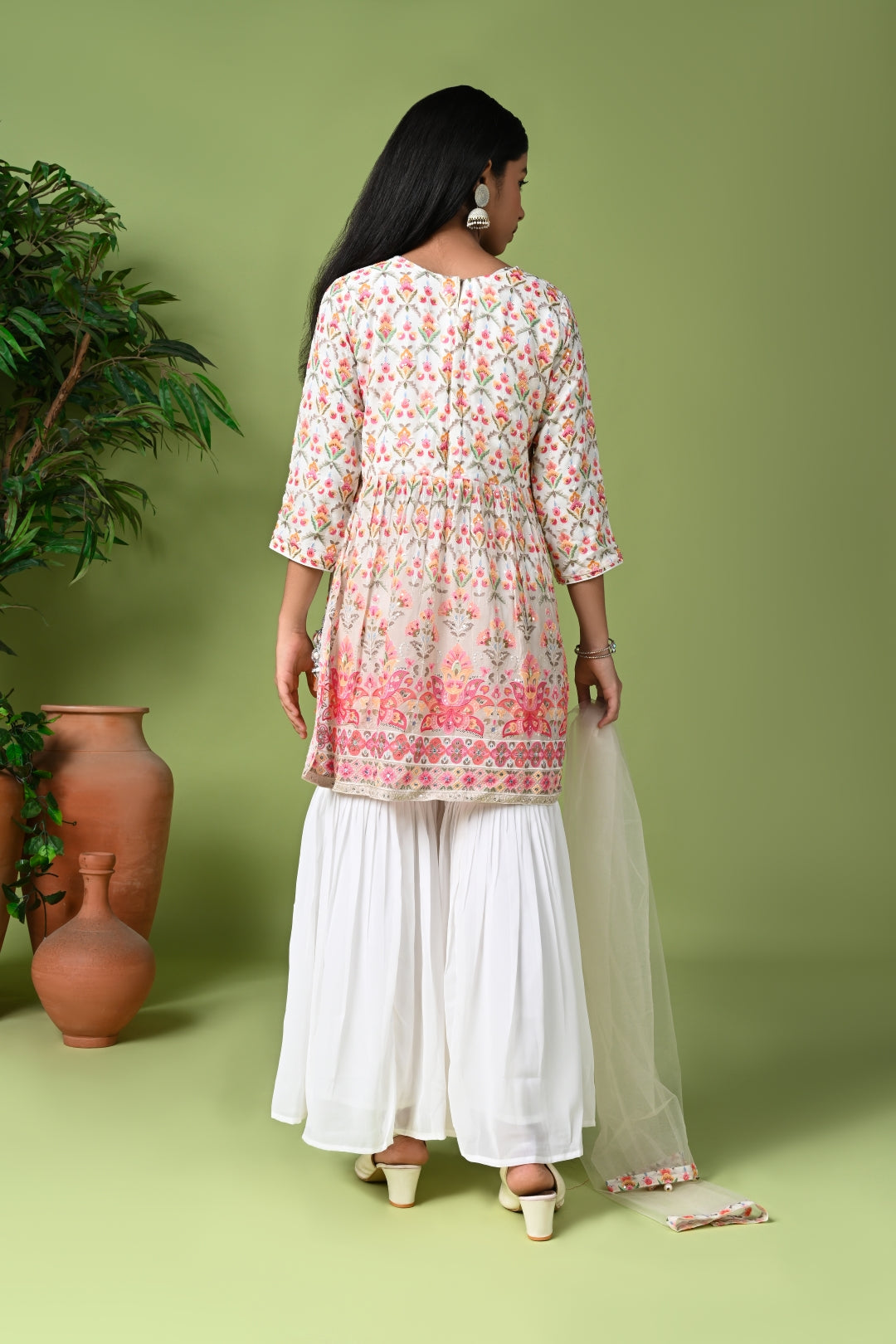 Elegant Floral Printed Kurta with White Sharara & Net Dupatta