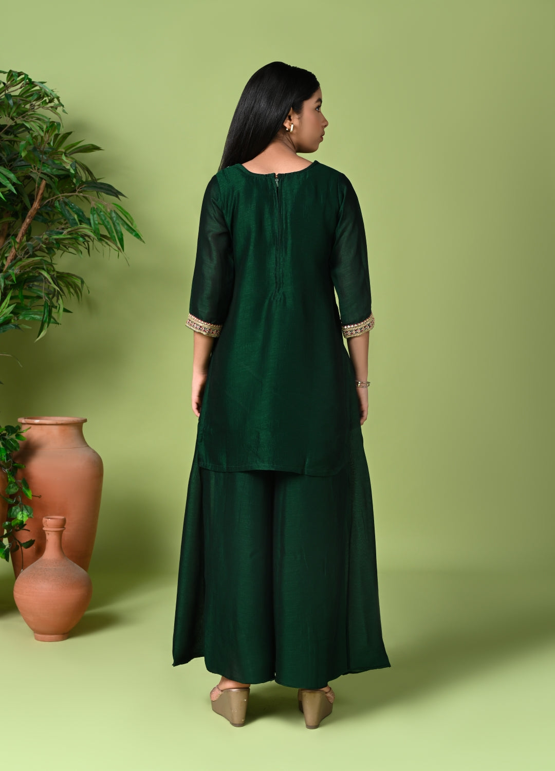 Green Silk Embroidered Kurta Set with Palazzo Pants and Dupatta