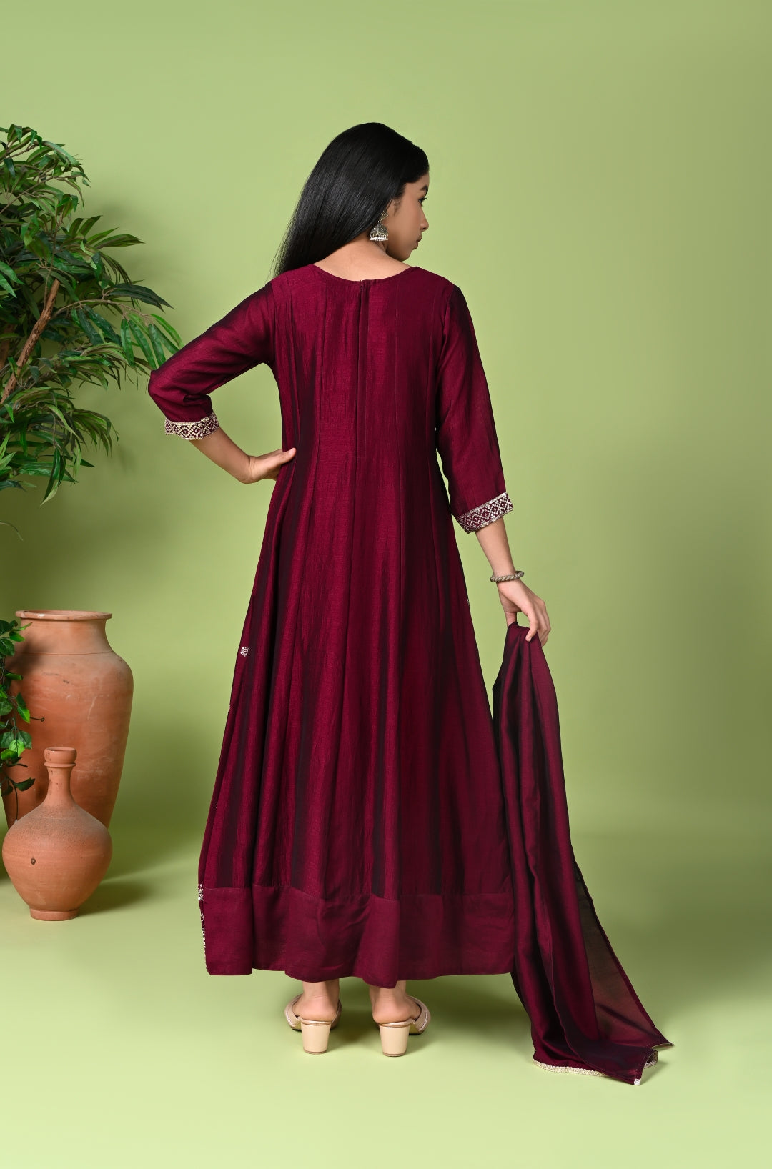 Wine Embroidered Anarkali Kurta with Dupatta