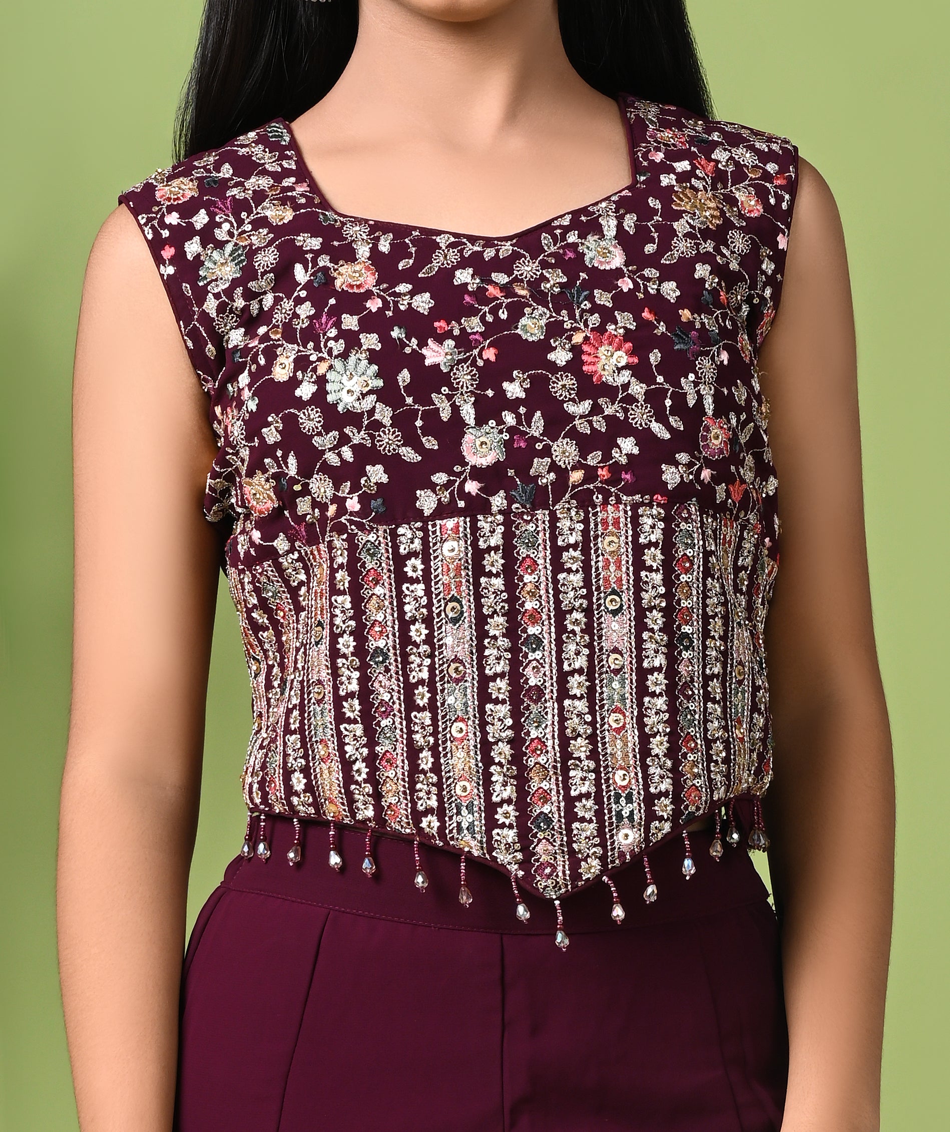 Indo-Western Wine Embroidered Crop Top with Palazzo Pants & Dupatta