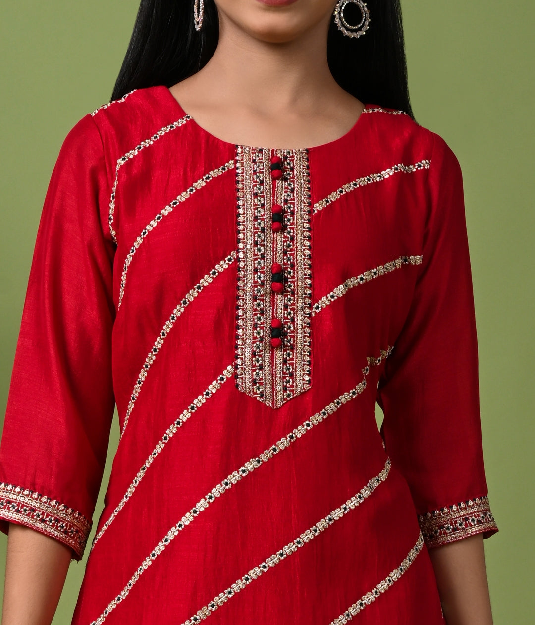 Rani Silk Embroidered Kurta Set with Palazzo Pants and Dupatta