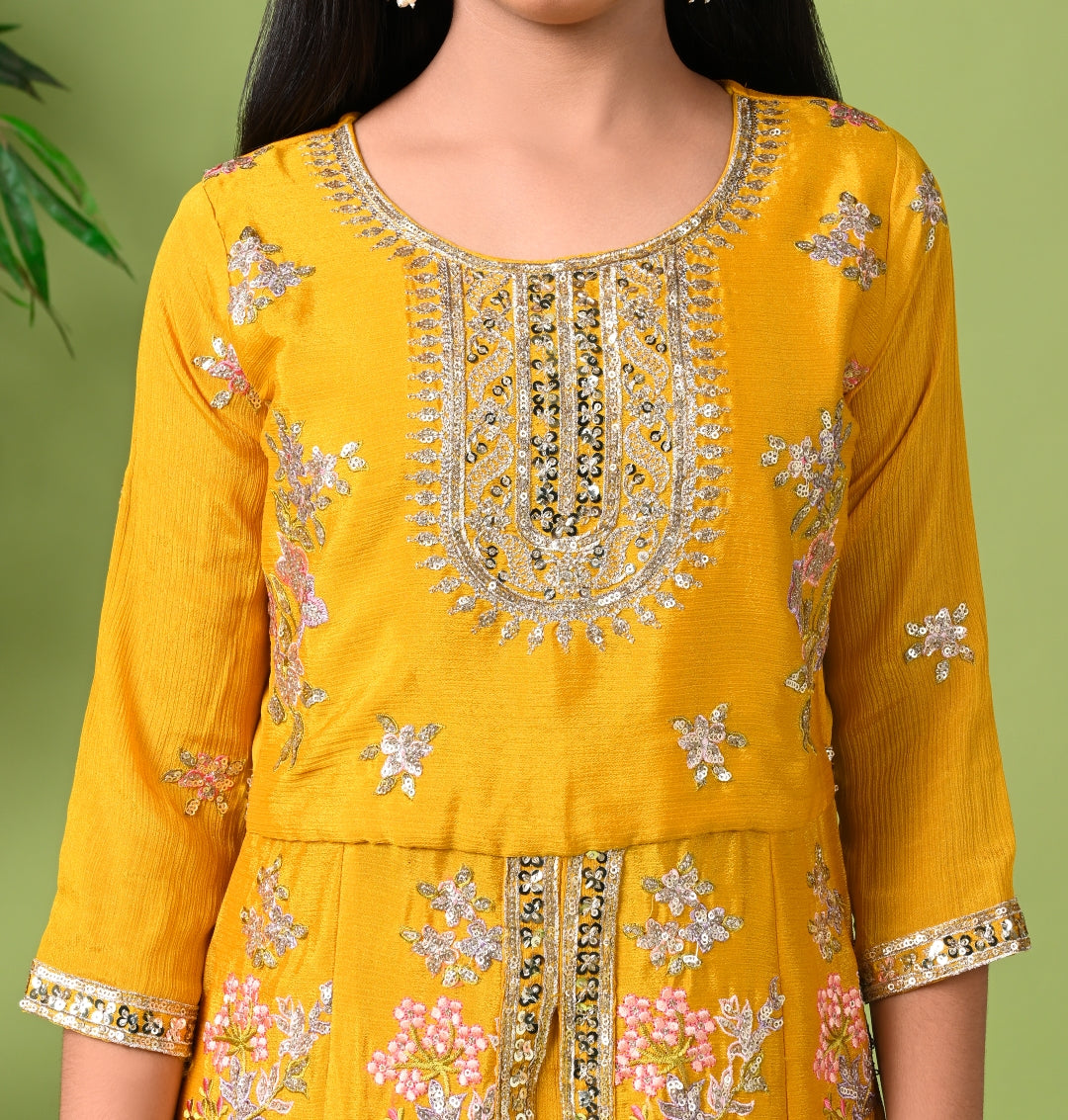 Mustard Yellow Embroidered Long Kurta with Pants & Dupatta