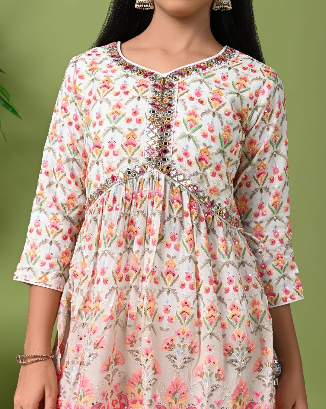 Elegant Floral Printed Kurta with White Sharara & Net Dupatta