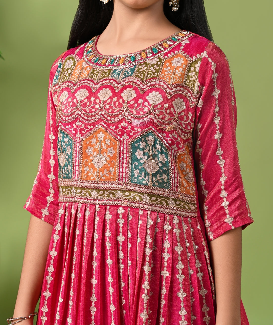 Festive Pink Anarkali Suit with Intricate Print & Net Dupatta