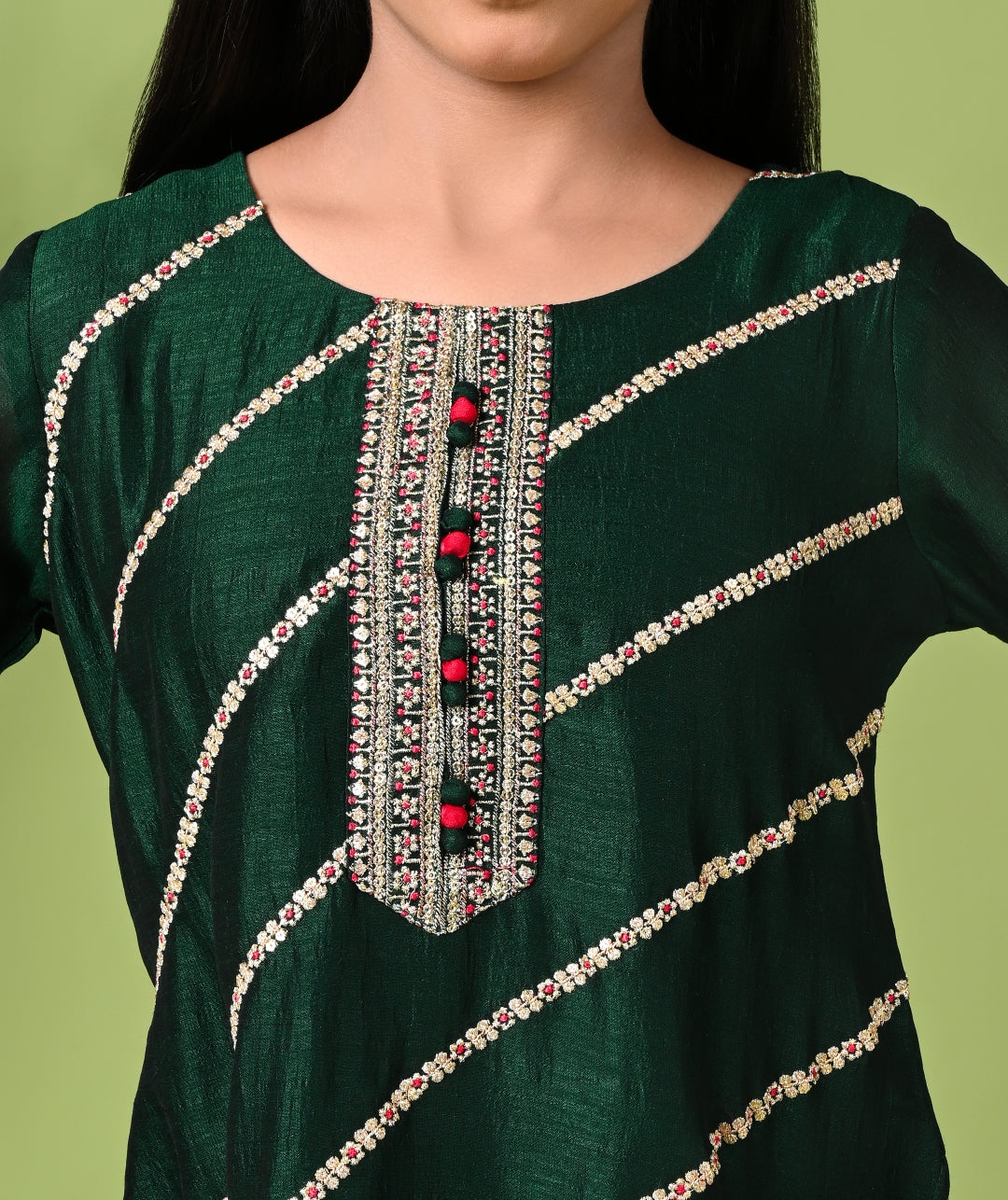 Green Silk Embroidered Kurta Set with Palazzo Pants and Dupatta