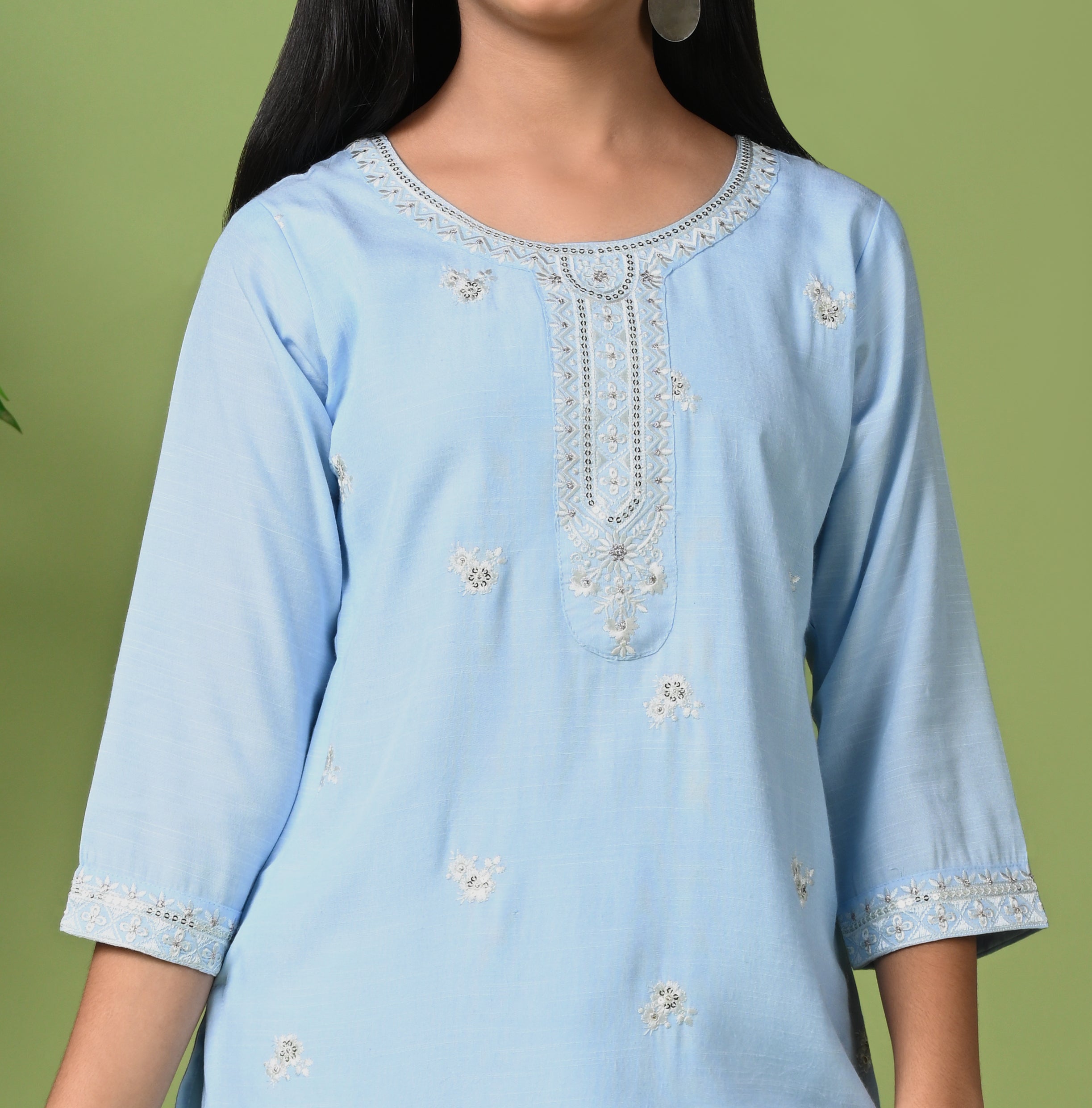 Pastel Blue Embroidered Kurta Set with Pants & Dupatta