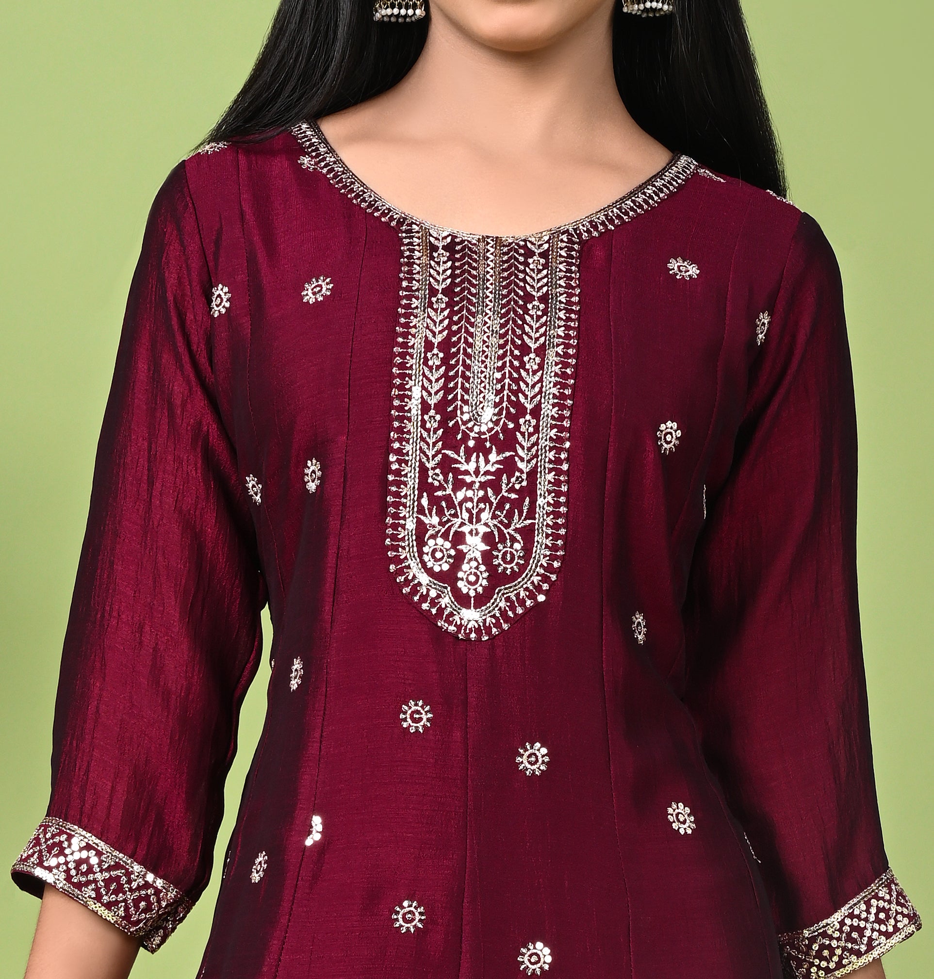 Wine Embroidered Anarkali Kurta with Dupatta