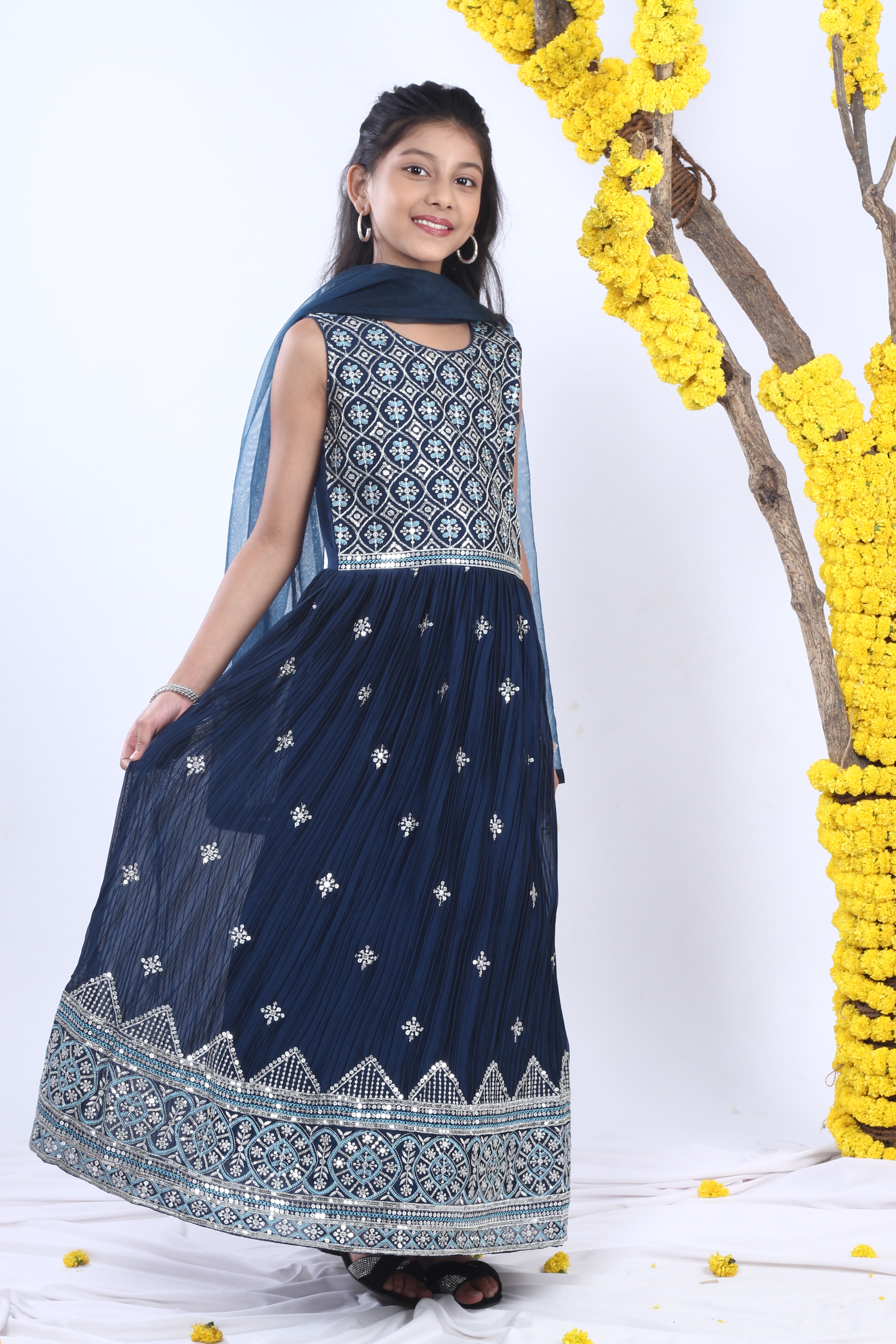 Blue Silk Sequins and Zari Embroidery Gown Set with Dupatta