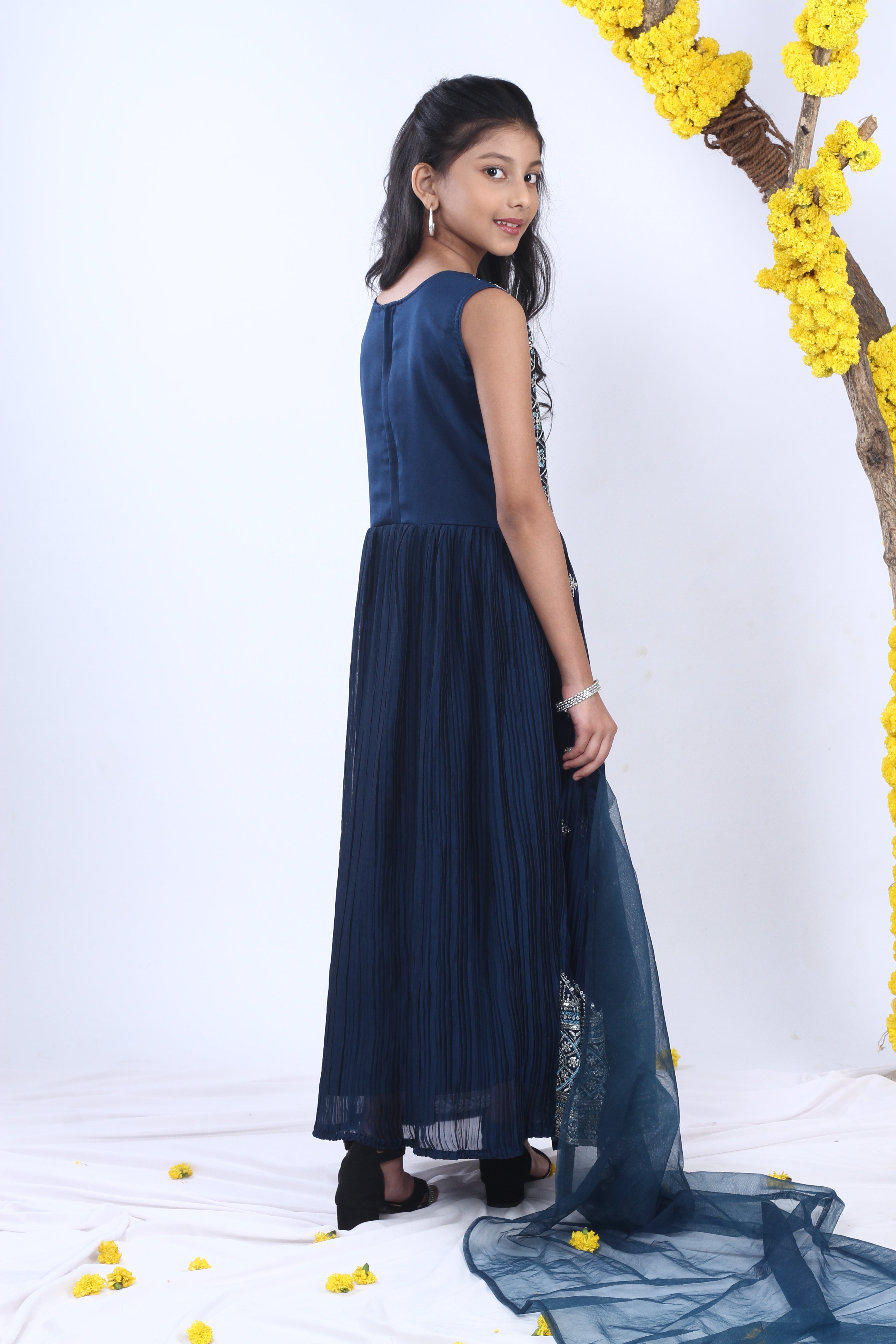 Blue Silk Sequins and Zari Embroidery Gown Set with Dupatta