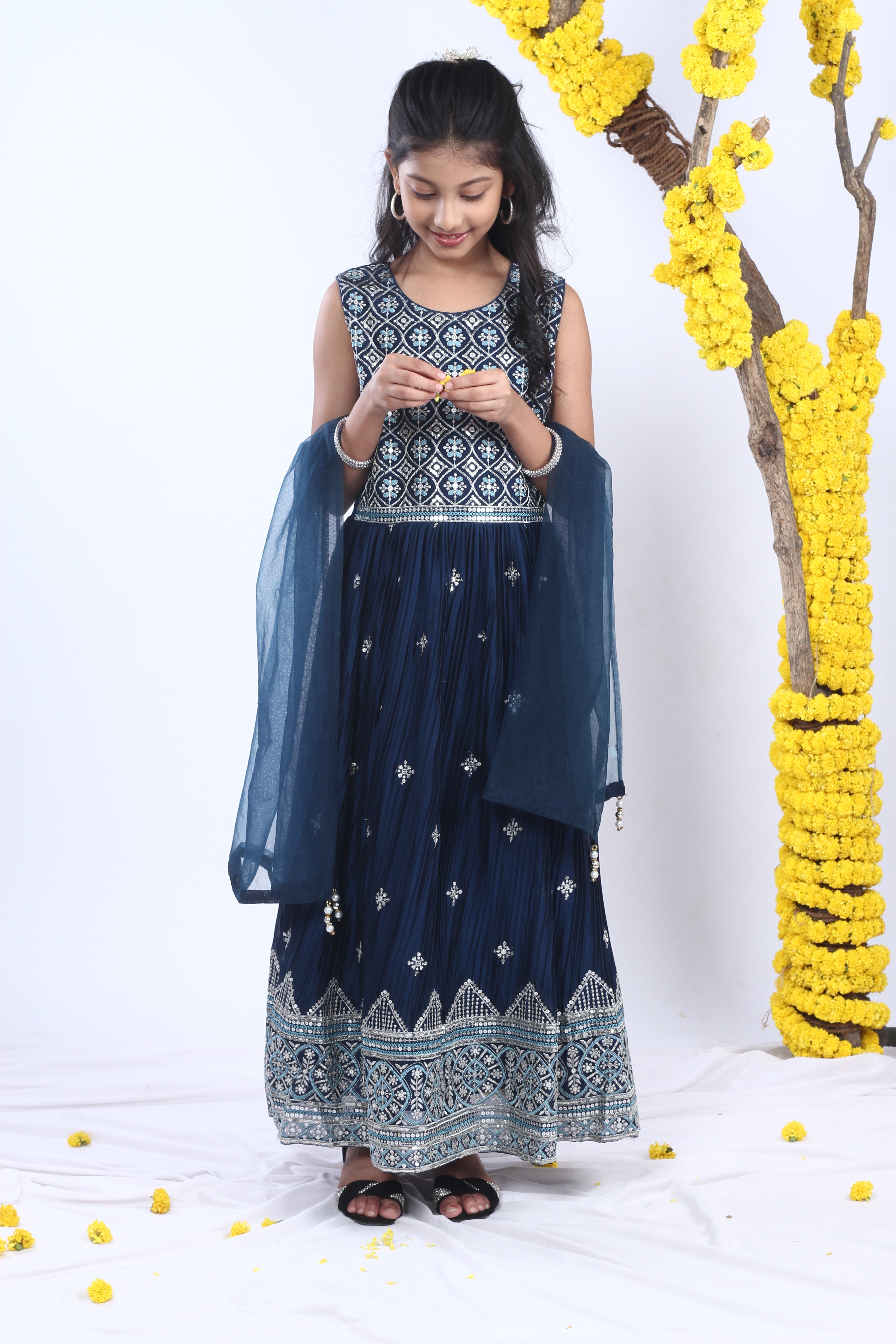 Blue Silk Sequins and Zari Embroidery Gown Set with Dupatta