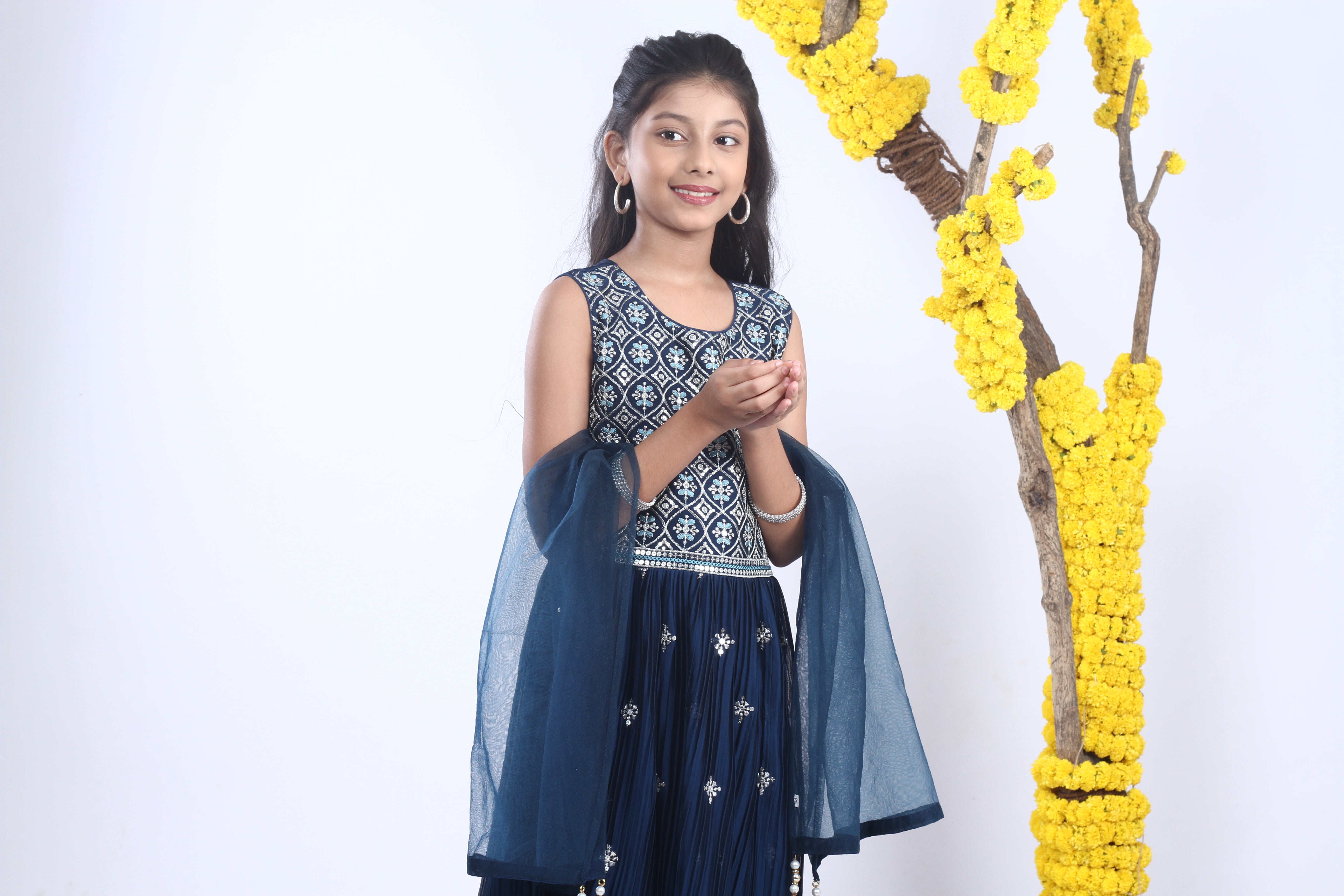 Blue Silk Sequins and Zari Embroidery Gown Set with Dupatta