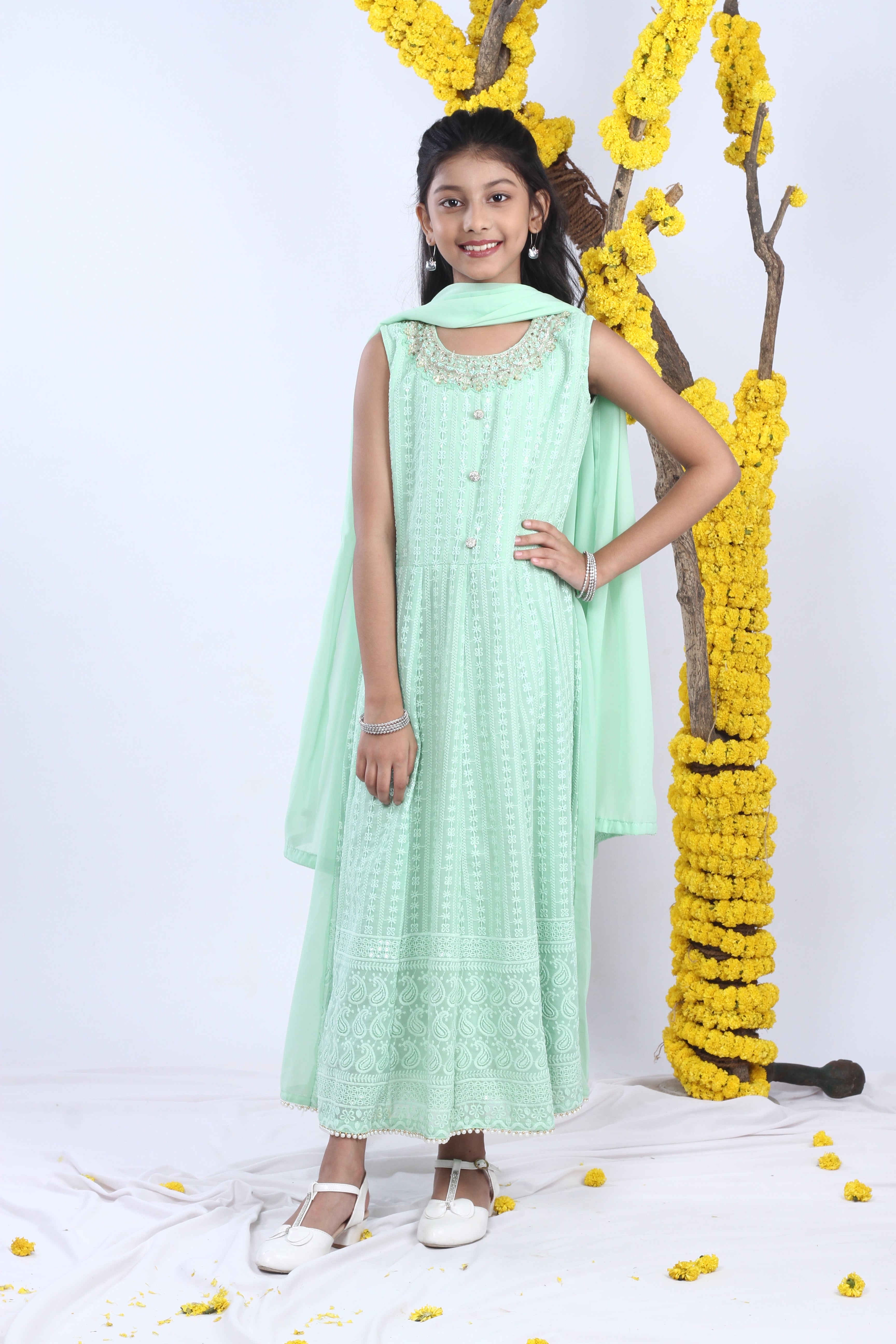 Georgette Gown Set in Handwork and Chikan Embroidery with Dupatta
