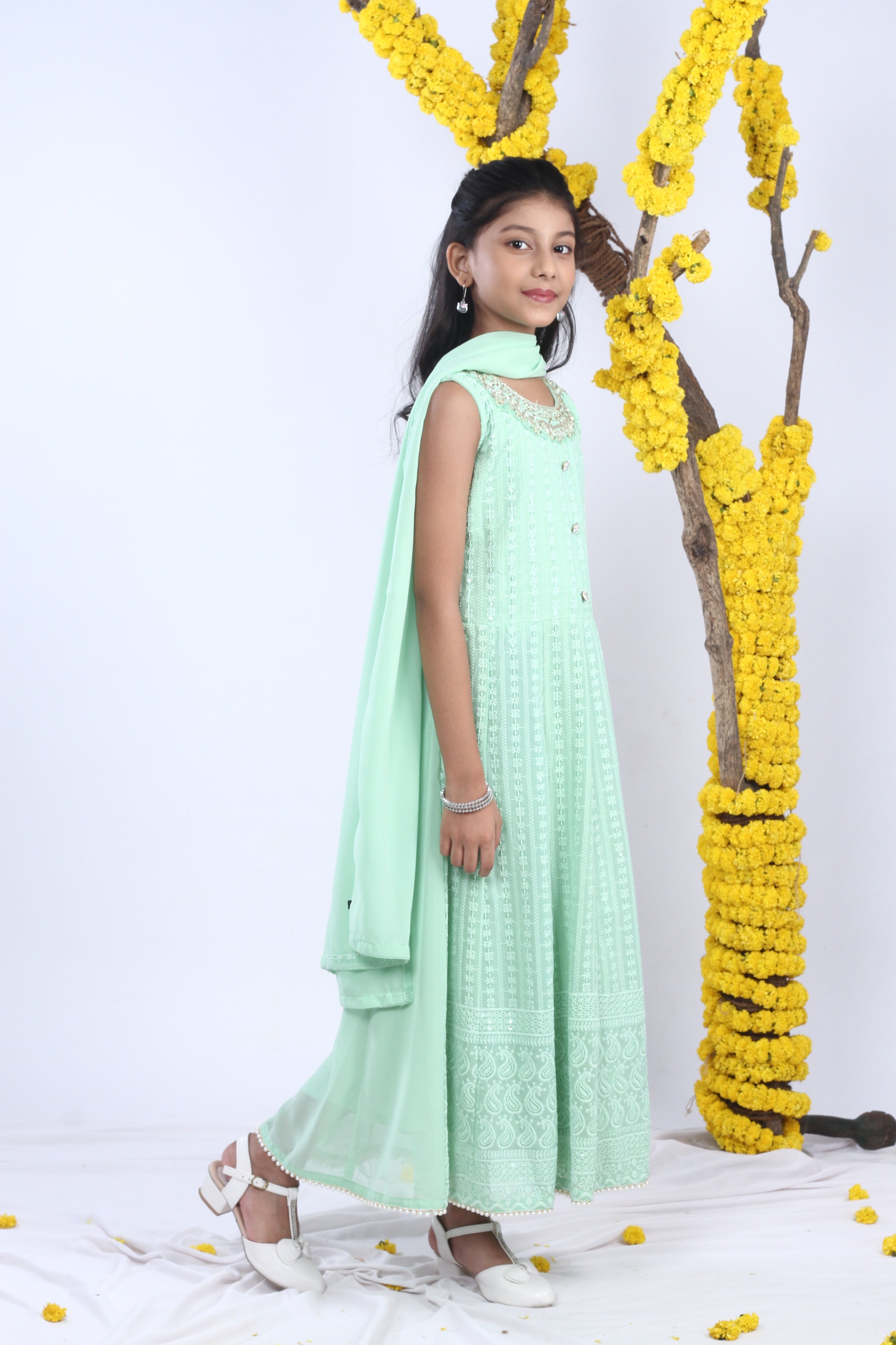 Georgette Gown Set in Handwork and Chikan Embroidery with Dupatta