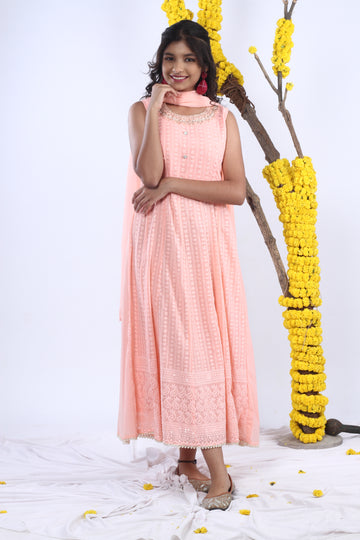 Georgette Gown Set in Handwork and Chikan Embroidery with Dupatta