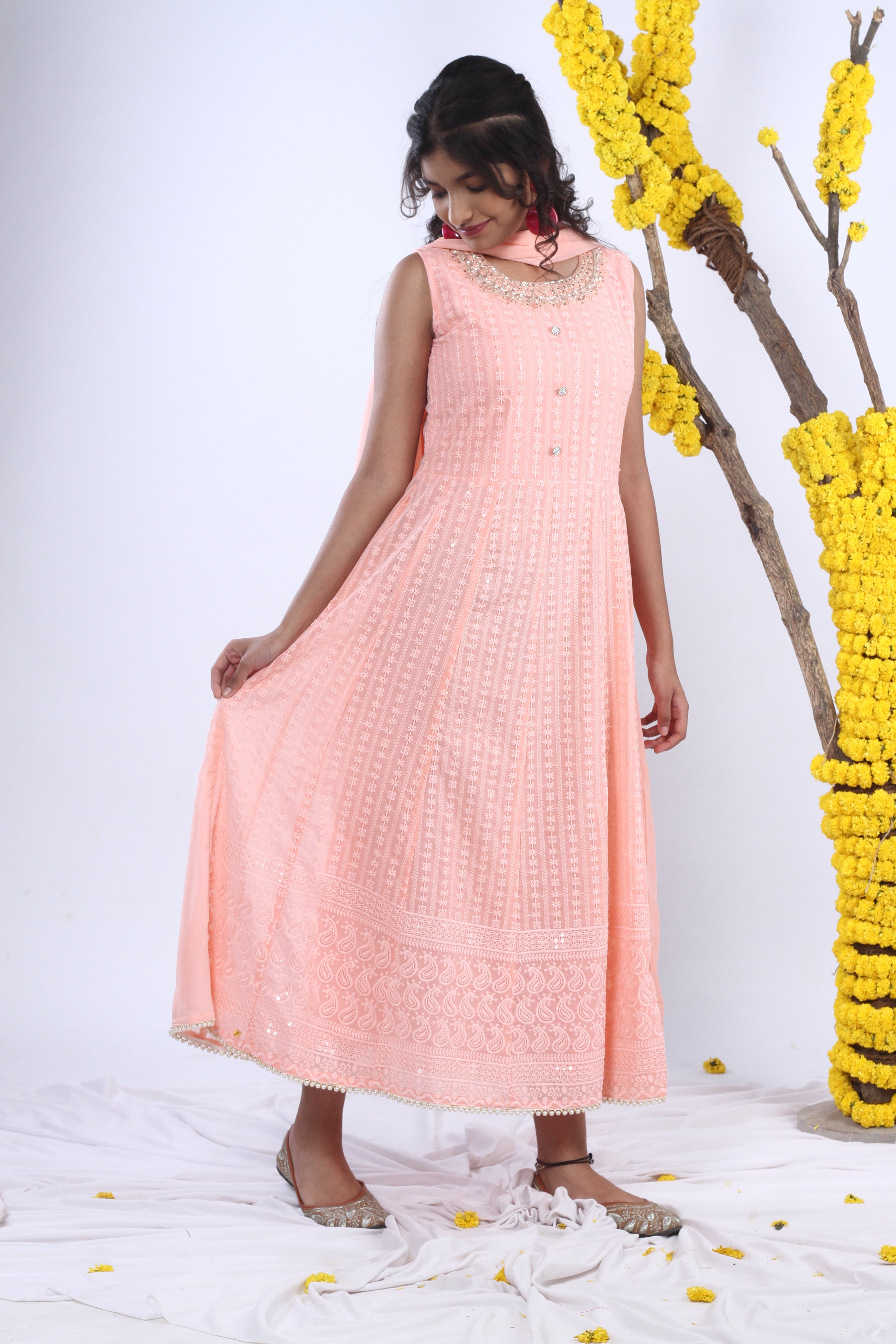 Georgette Gown Set in Handwork and Chikan Embroidery with Dupatta