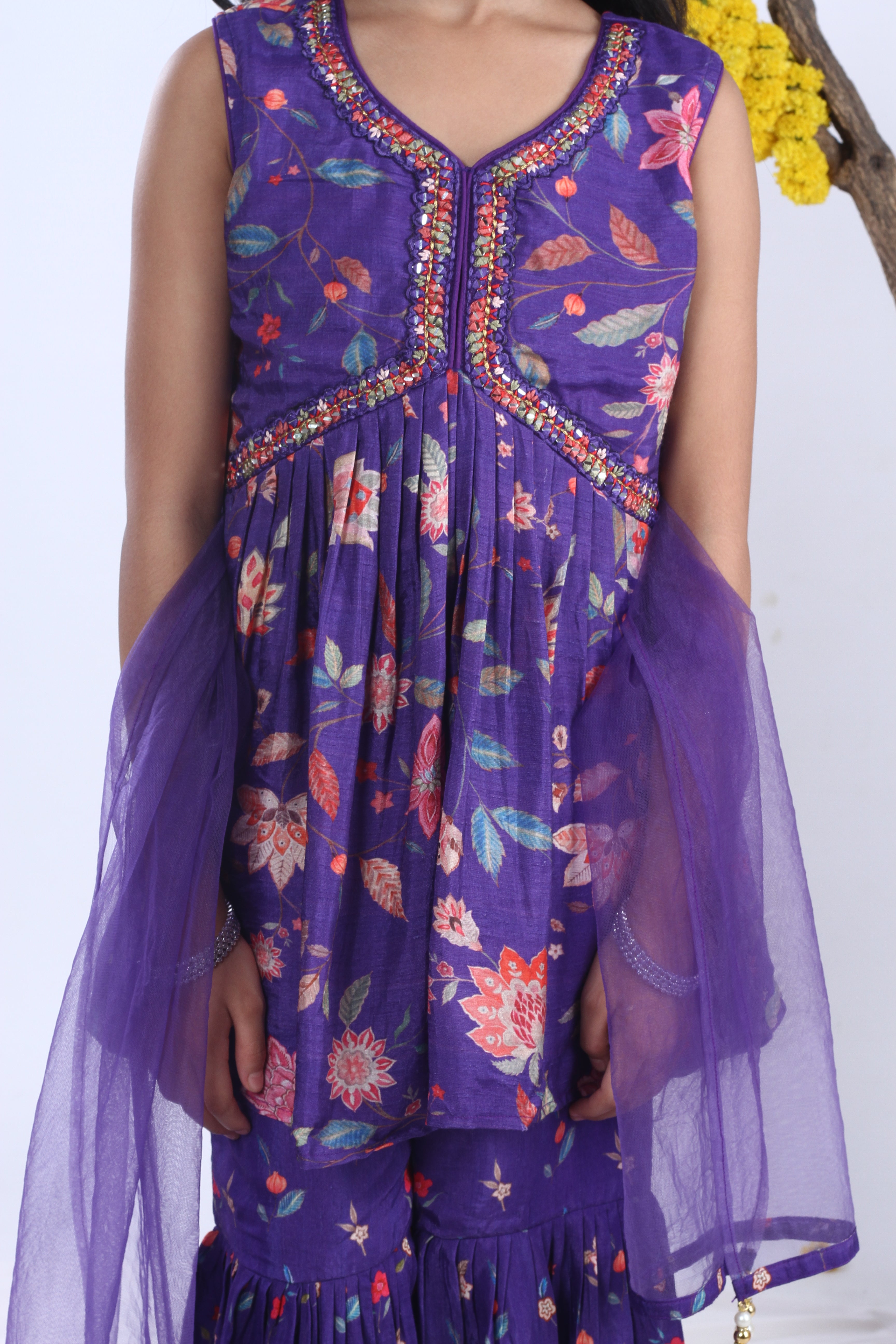 Pure Silk Printed and Mirrow Work Sharara Set with Pant and Dupatta