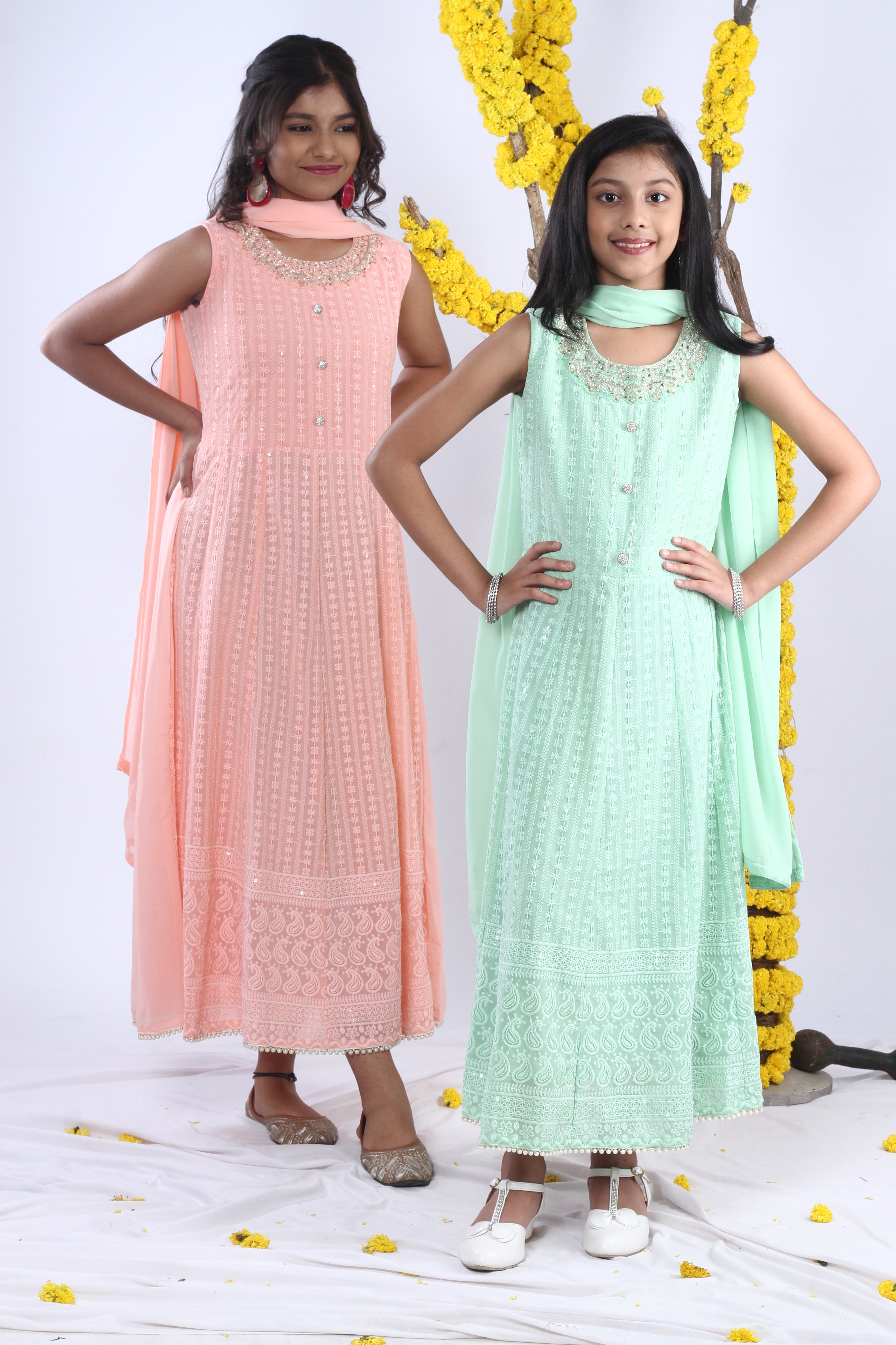 Georgette Gown Set in Handwork and Chikan Embroidery with Dupatta