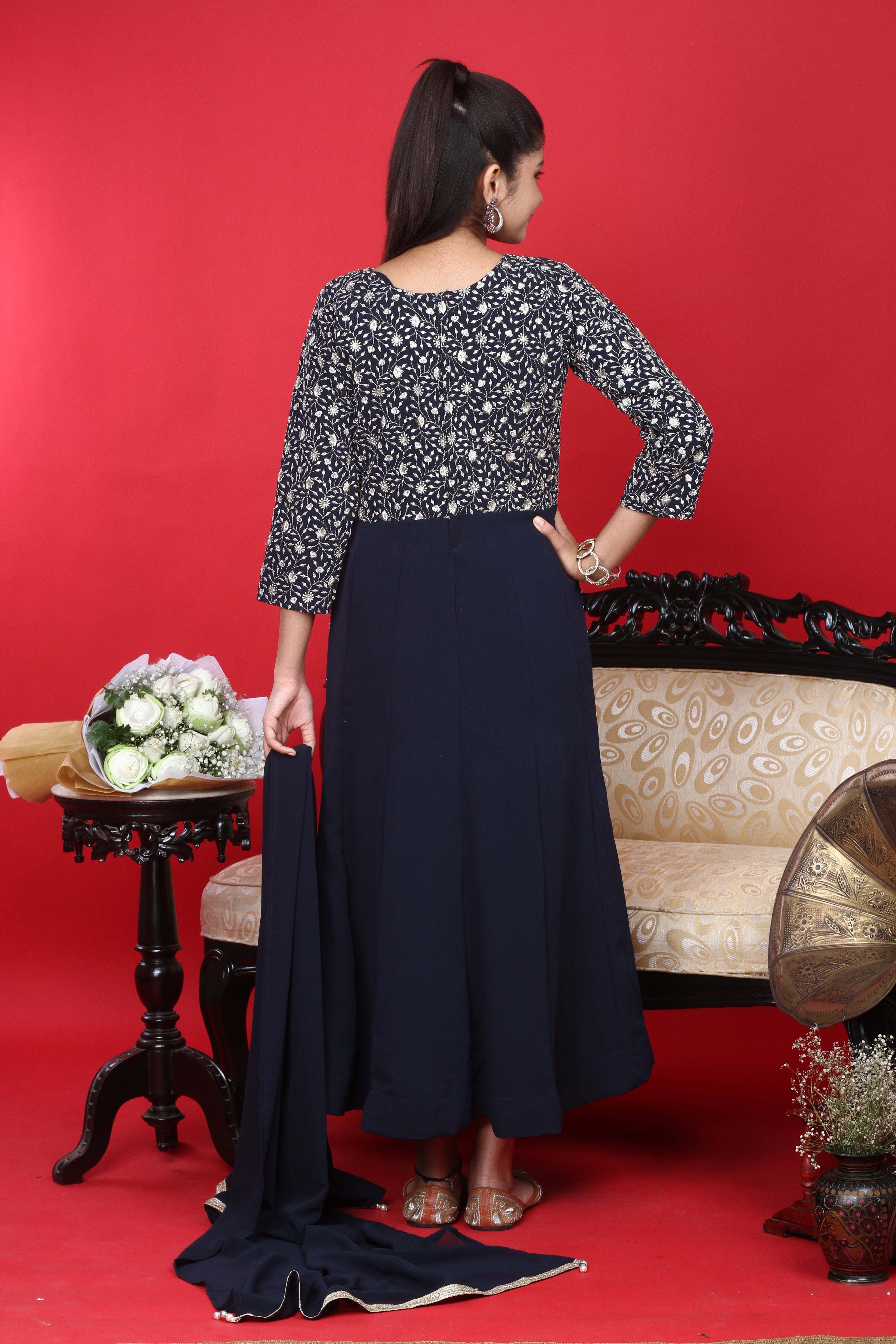 Chiffon Zari Embroidery Work Gown Set with Dupatta