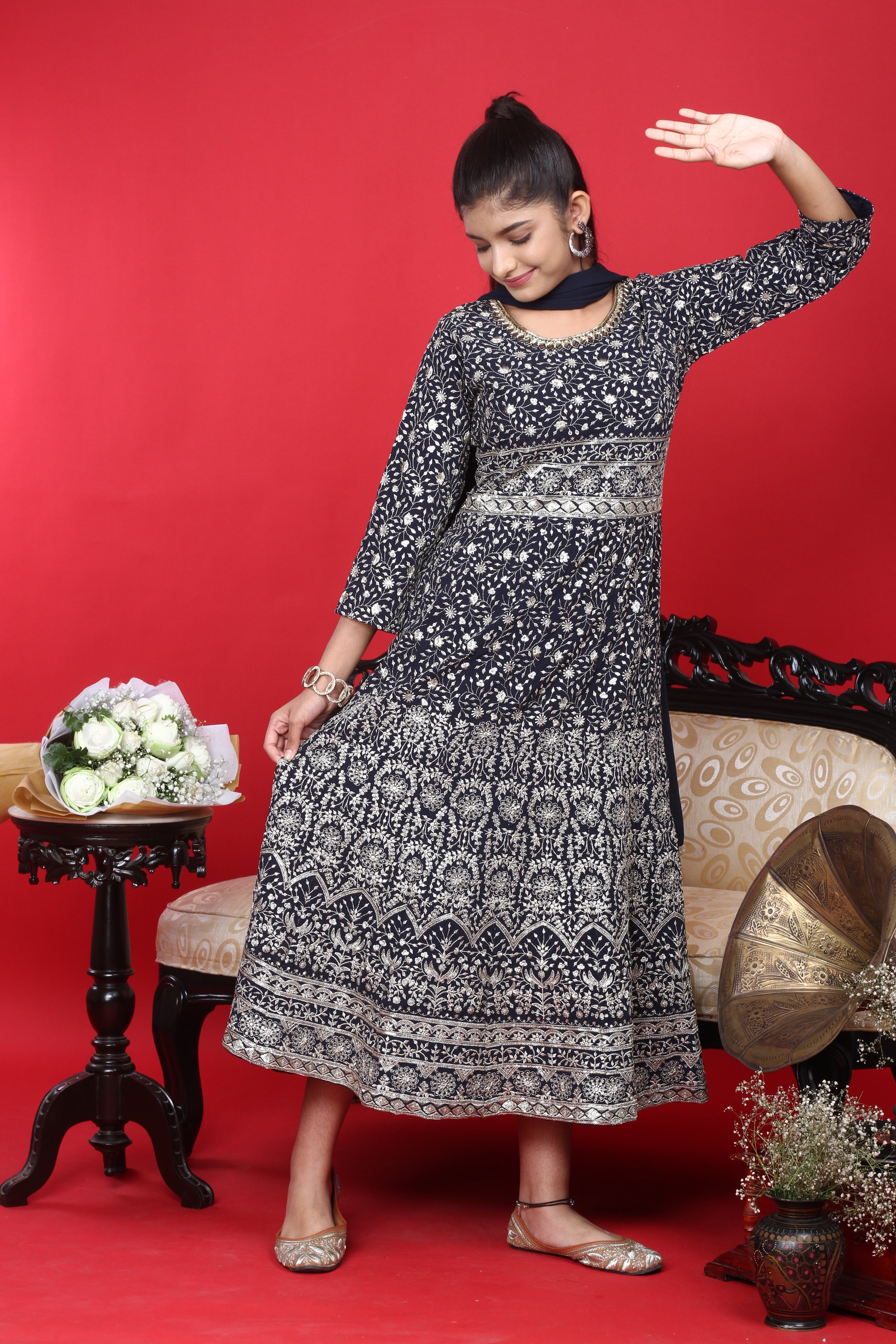 Chiffon Zari Embroidery Work Gown Set with Dupatta