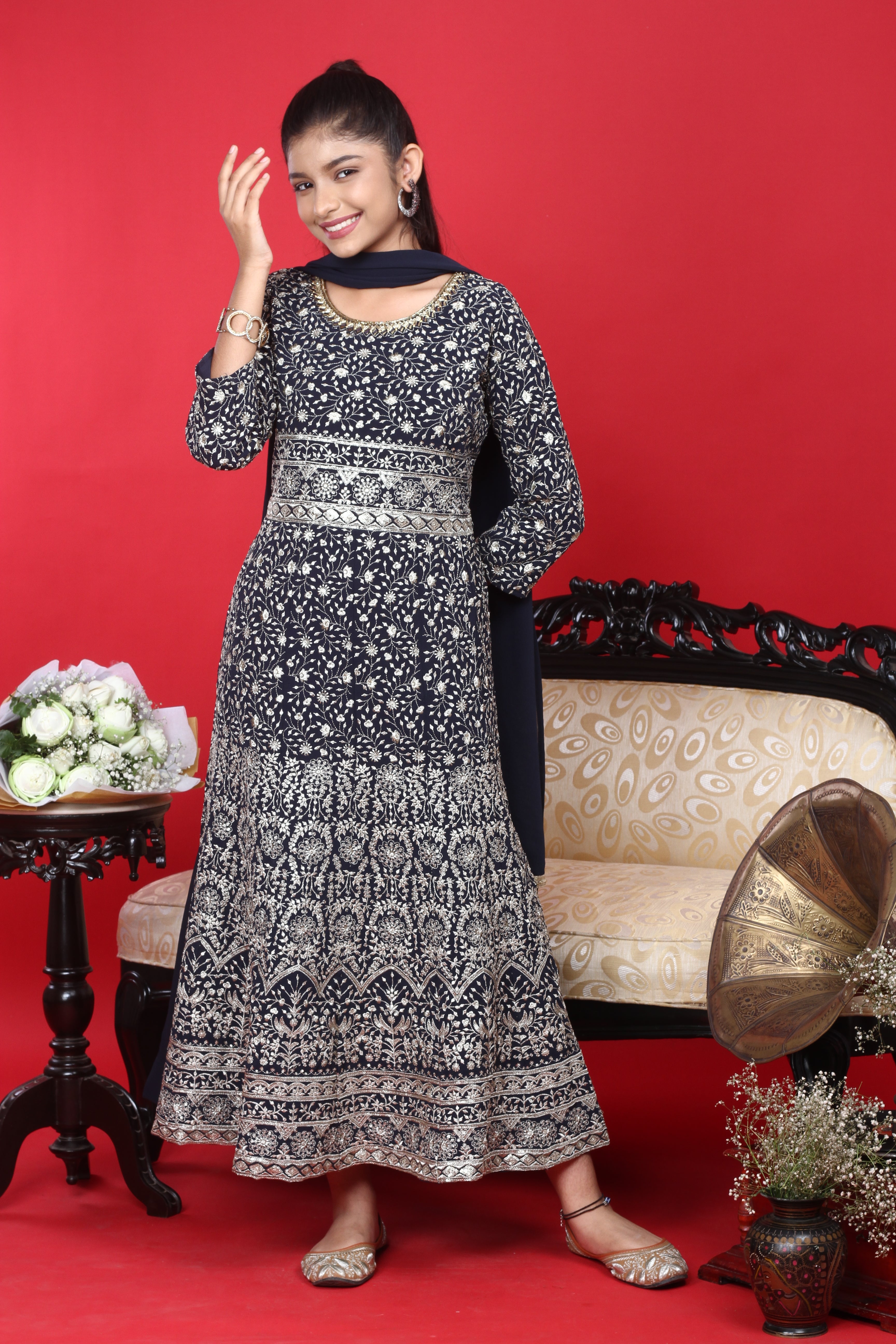 Chiffon Zari Embroidery Work Gown Set with Dupatta