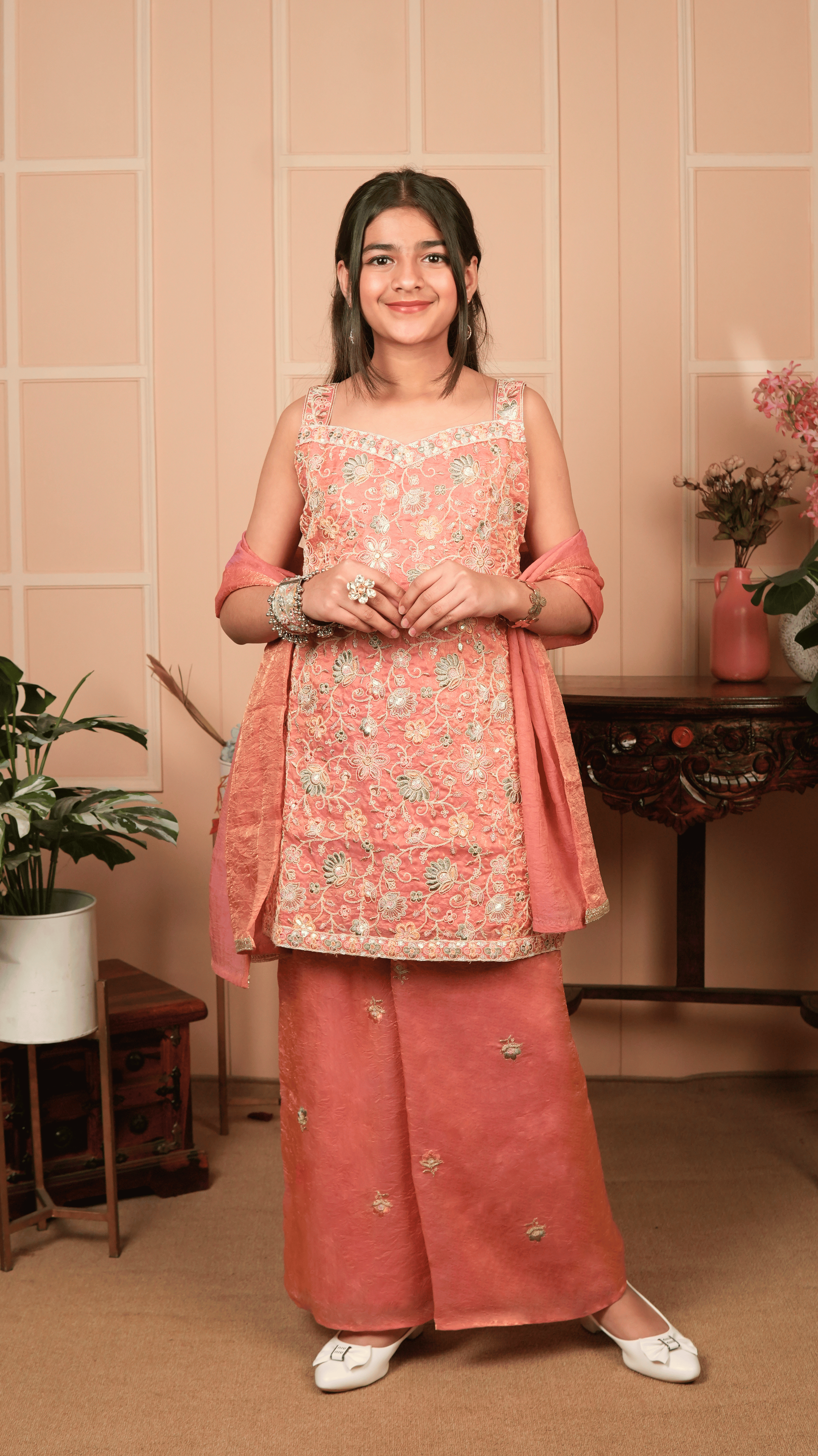 Peach Satin Crush Embroidered Pallazo Set with Dupatta