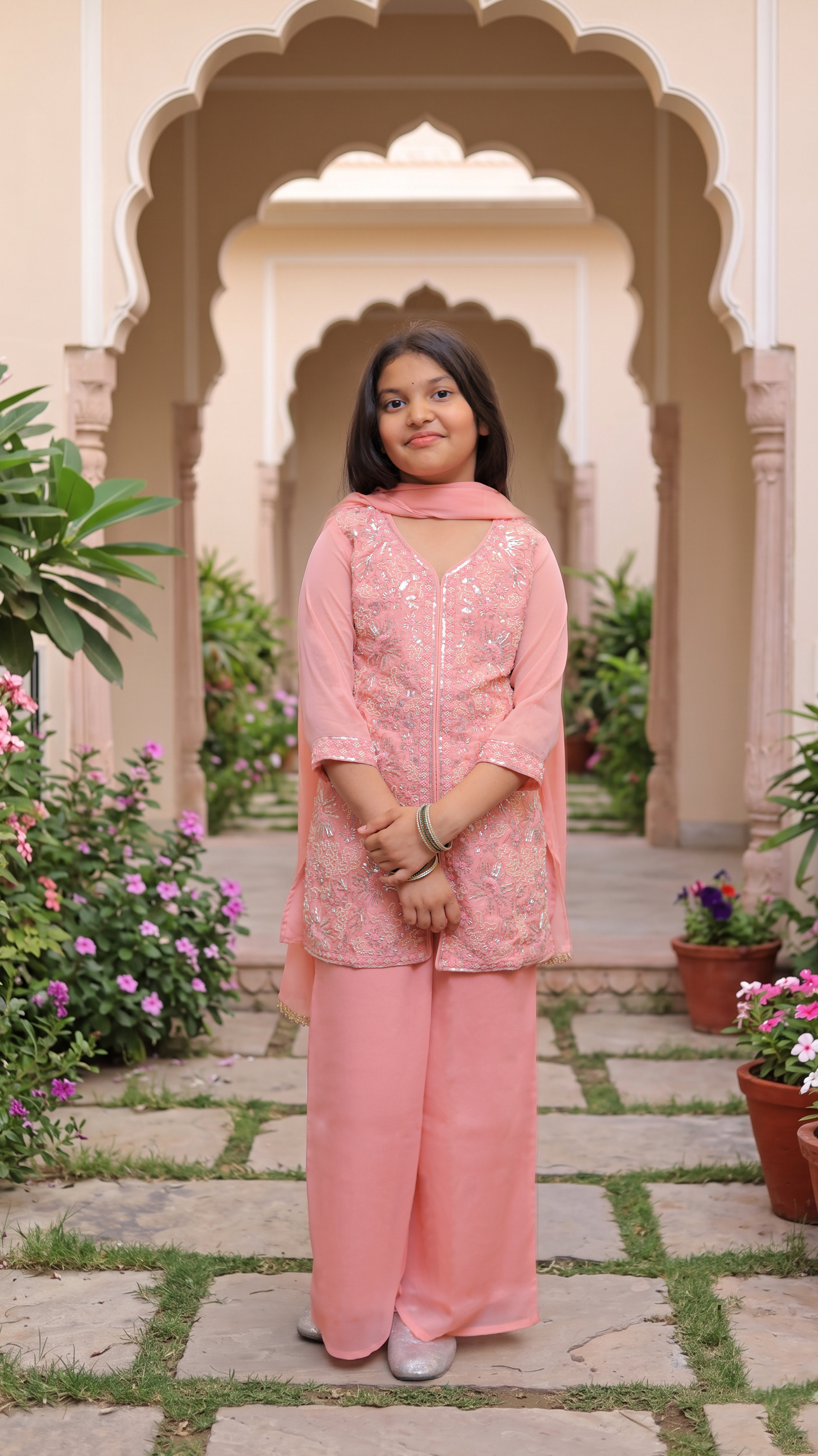 Peach Beads and Sequins Hand Embroidered Georgette Pallazo Set