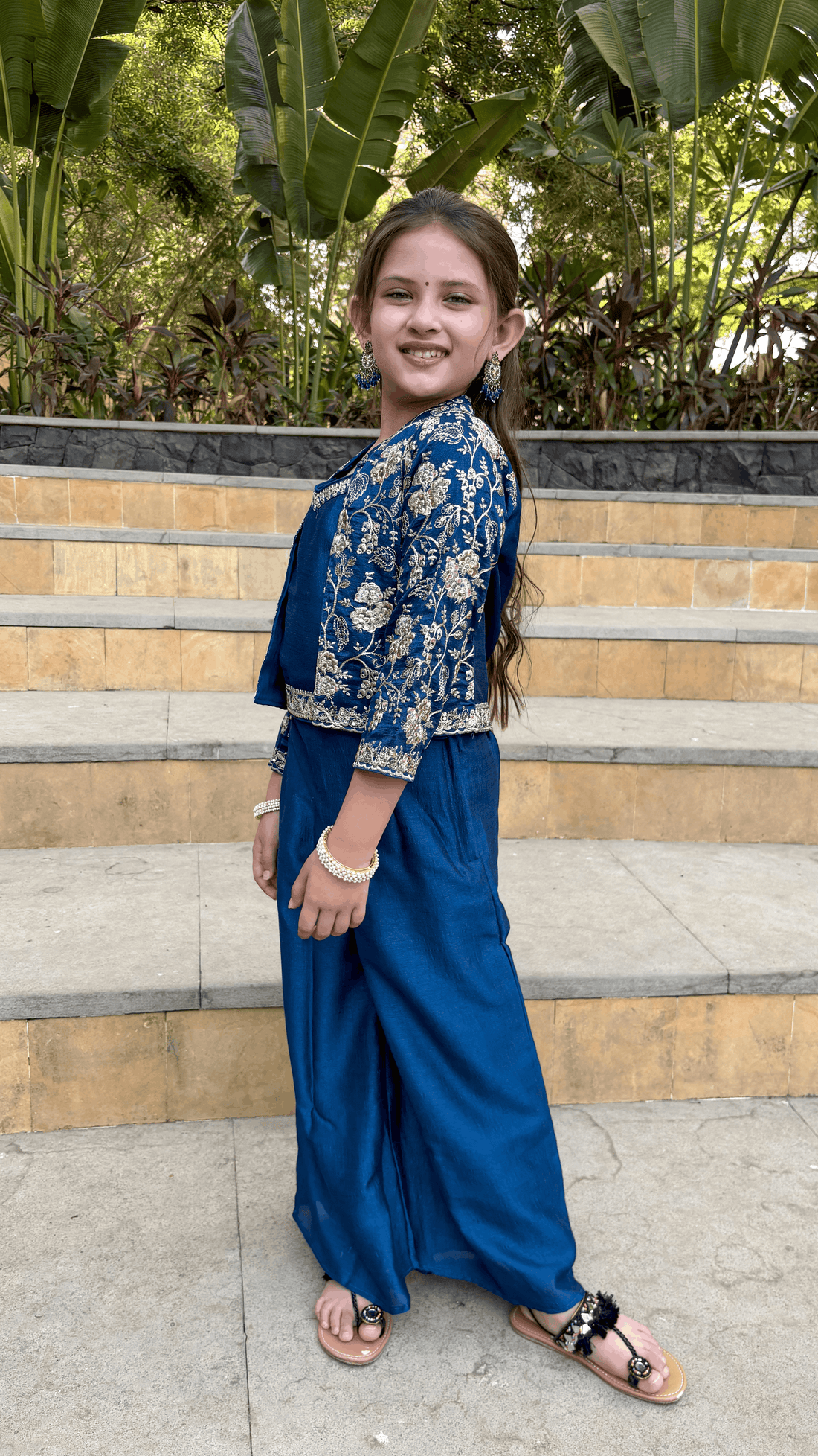 Blue Silk-blend Embroidered Palazzo Set with Crop Top and Jacket Indo Western Outfit
