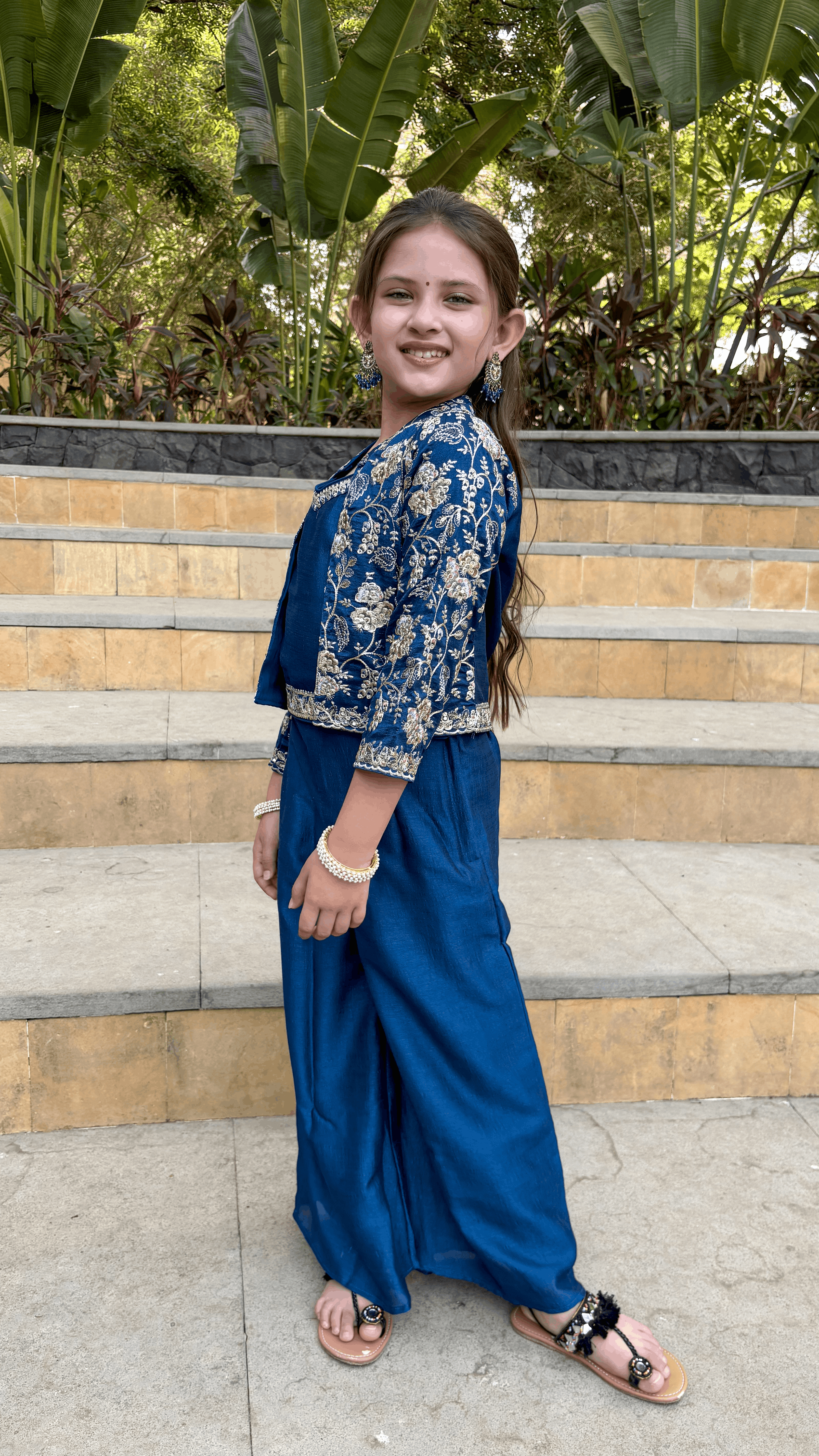 Blue Silk-blend Embroidered Palazzo Set with Crop Top and Jacket Indo Western Outfit