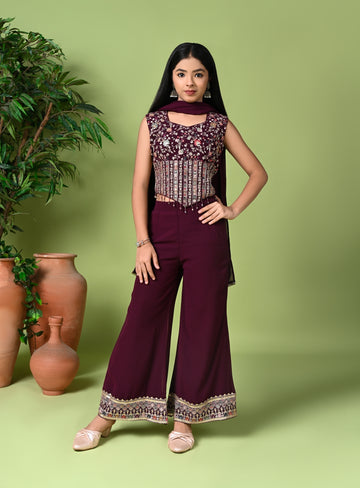 Indo-Western Wine Embroidered Crop Top with Palazzo Pants & Dupatta