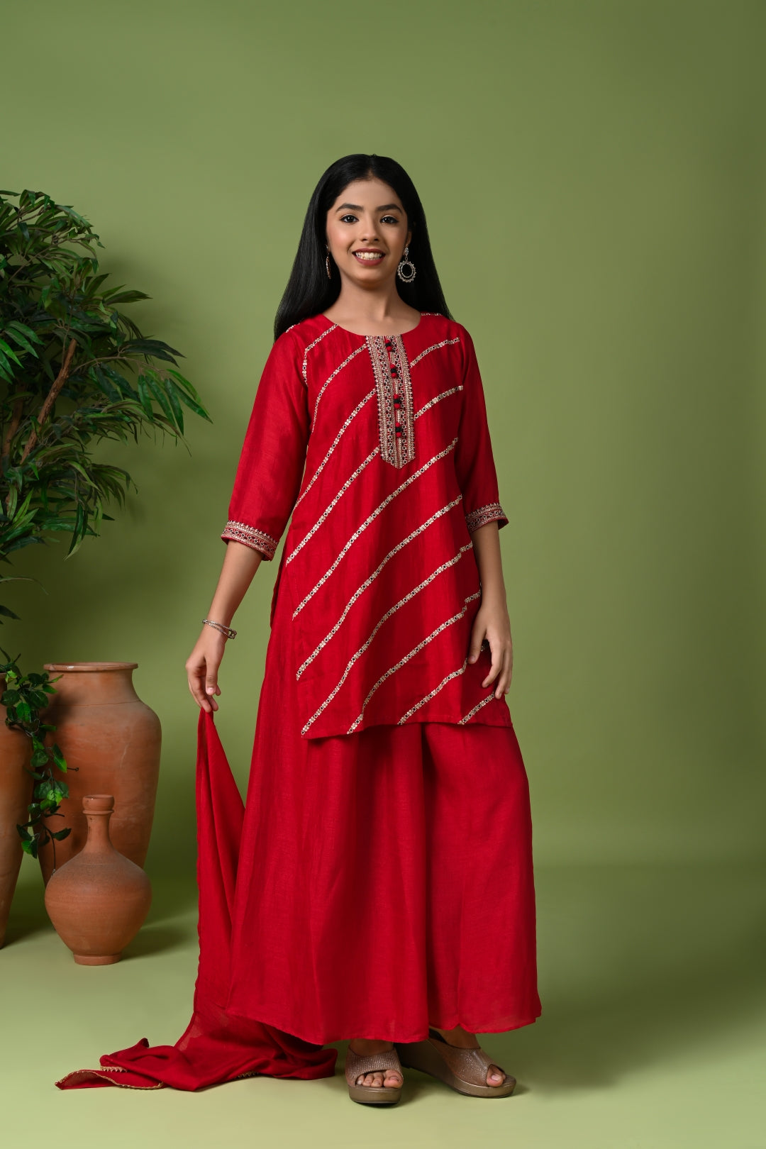 Green Silk Embroidered Kurta Set with Palazzo Pants and Dupatta