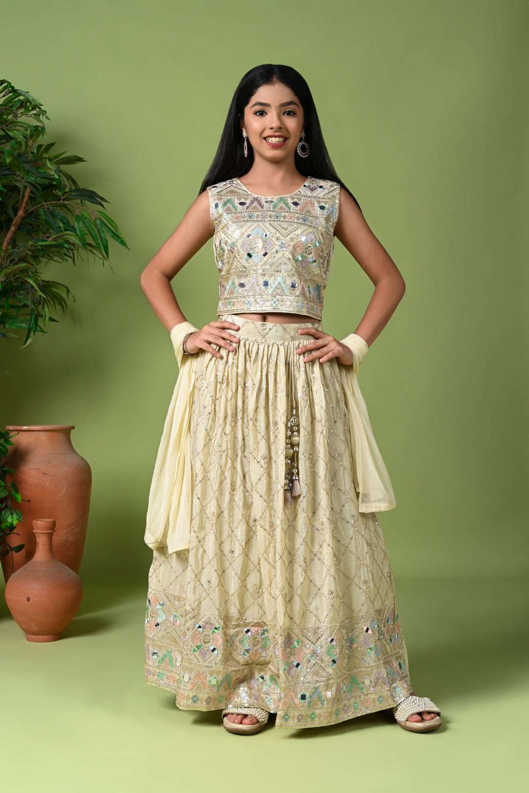 Golden Beige Embroidered Lehenga Set with Crop Top