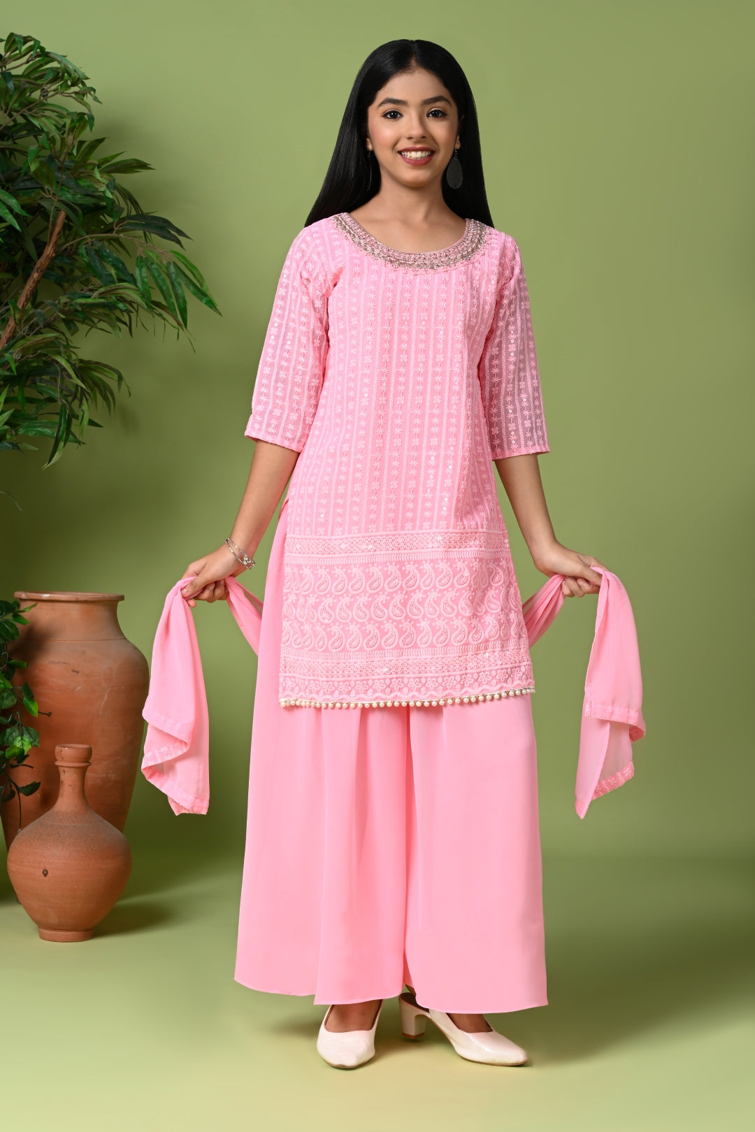 Pink Embroidered Kurta with Palazzo Pants & Dupatta