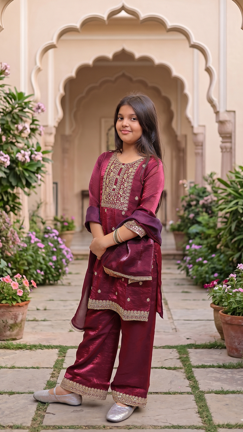Satin Zari Embroidered Indo Western Pallazo Set