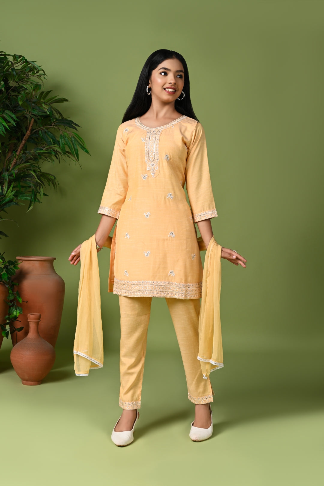 Orange Cotton Embroidered Kurta Set with Pants and Dupatta