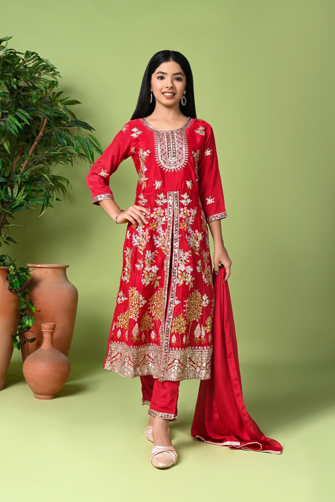 Red Embroidered Long Kurta with Pants & Dupatta