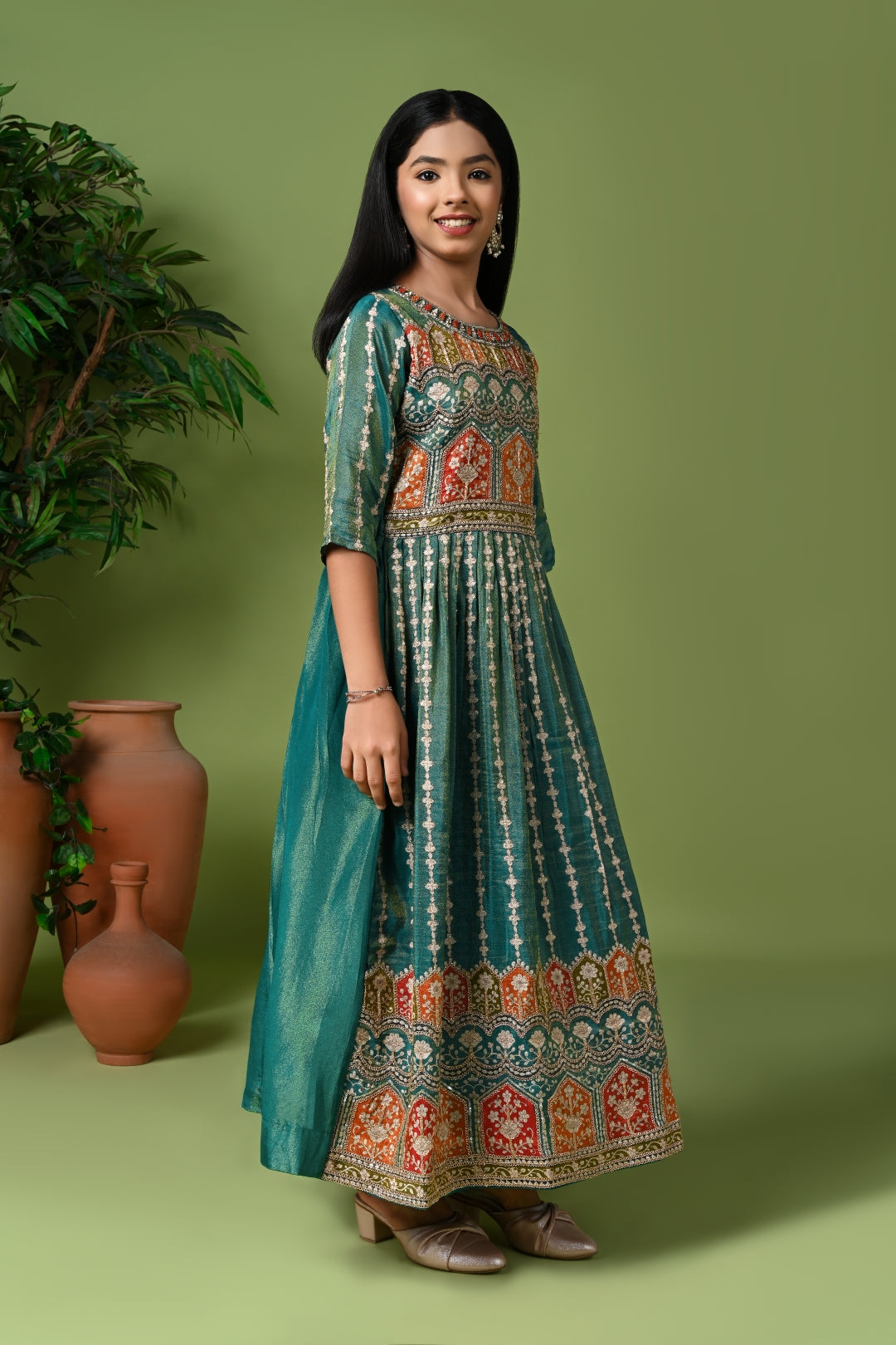 Teal Green Printed Anarkali with Dupatta