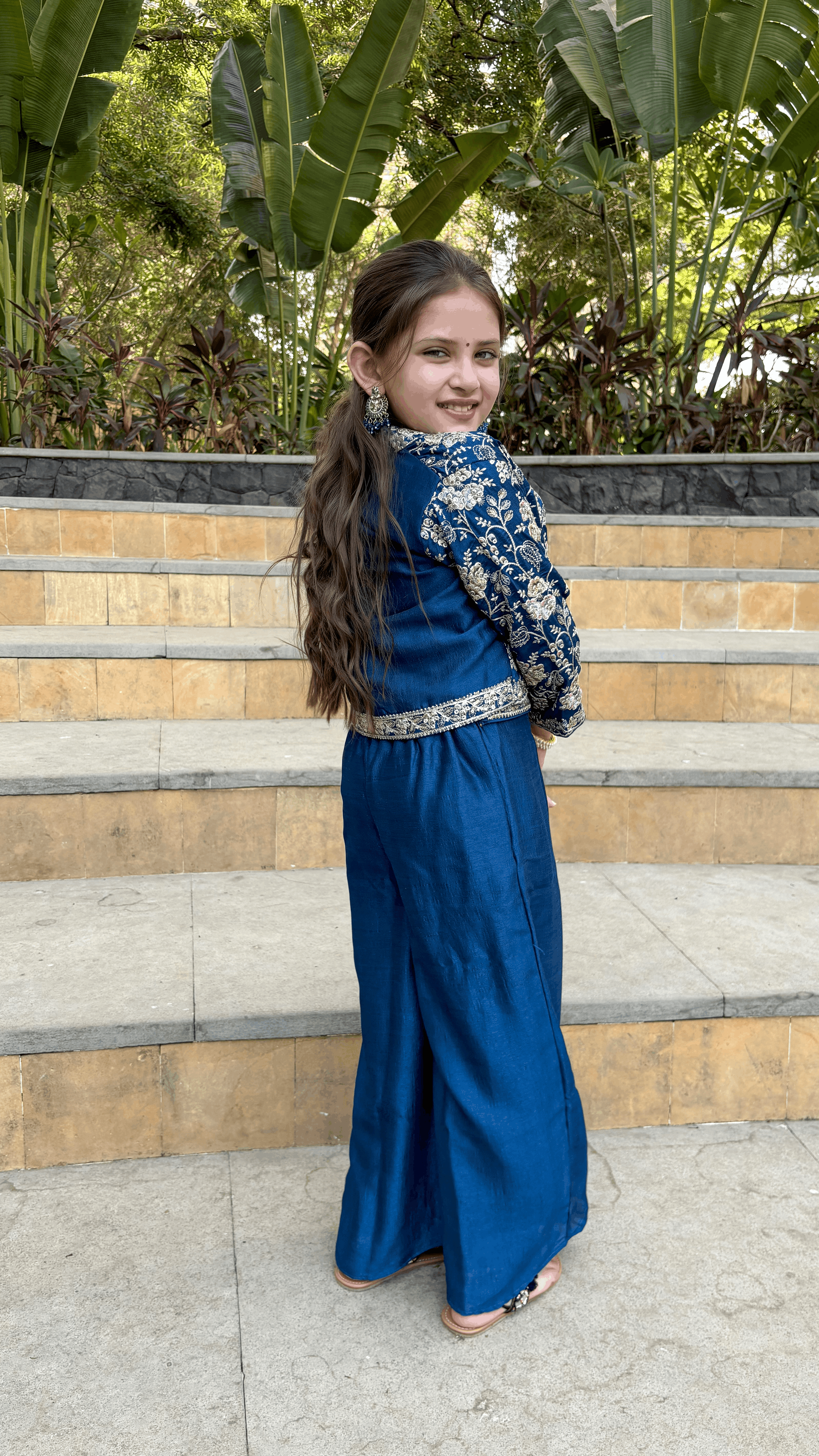 Blue Silk-blend Embroidered Palazzo Set with Crop Top and Jacket Indo Western Outfit