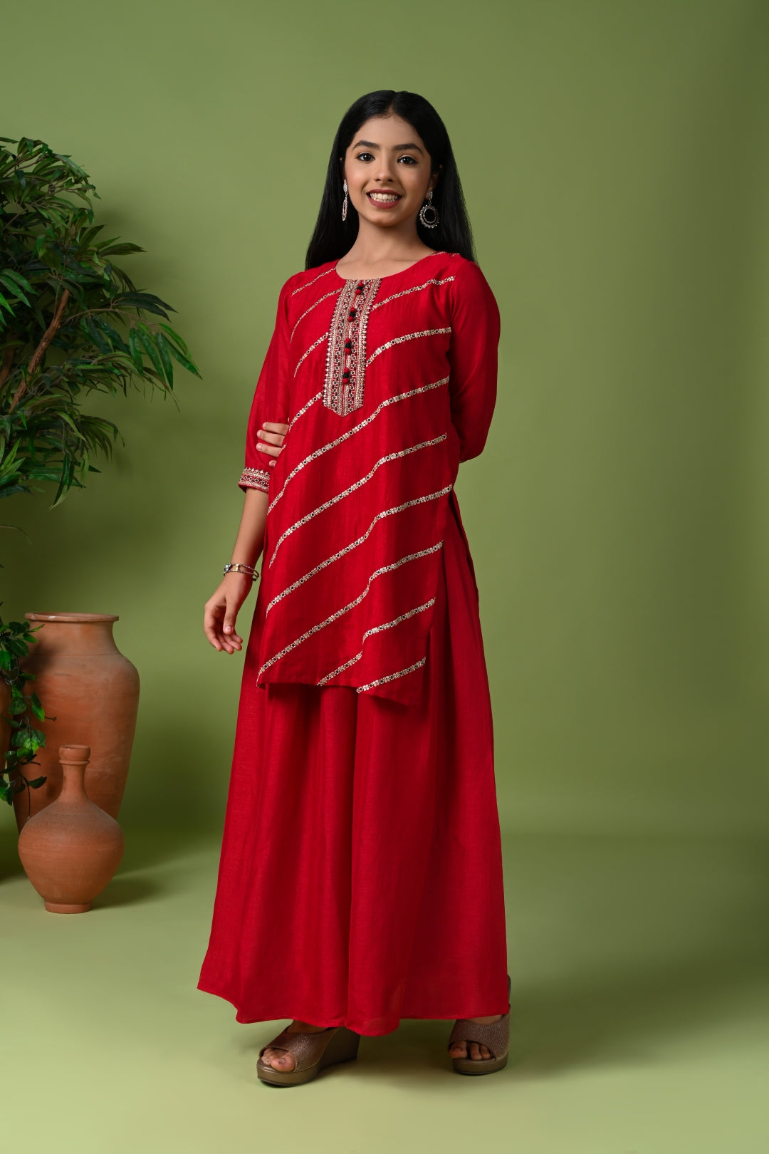 Green Silk Embroidered Kurta Set with Palazzo Pants and Dupatta