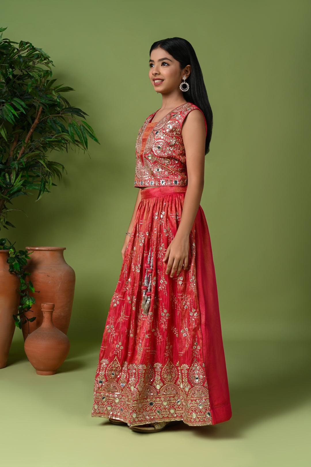 Red Mirror Work Lehenga Set with Embroidered Blouse & Dupatta