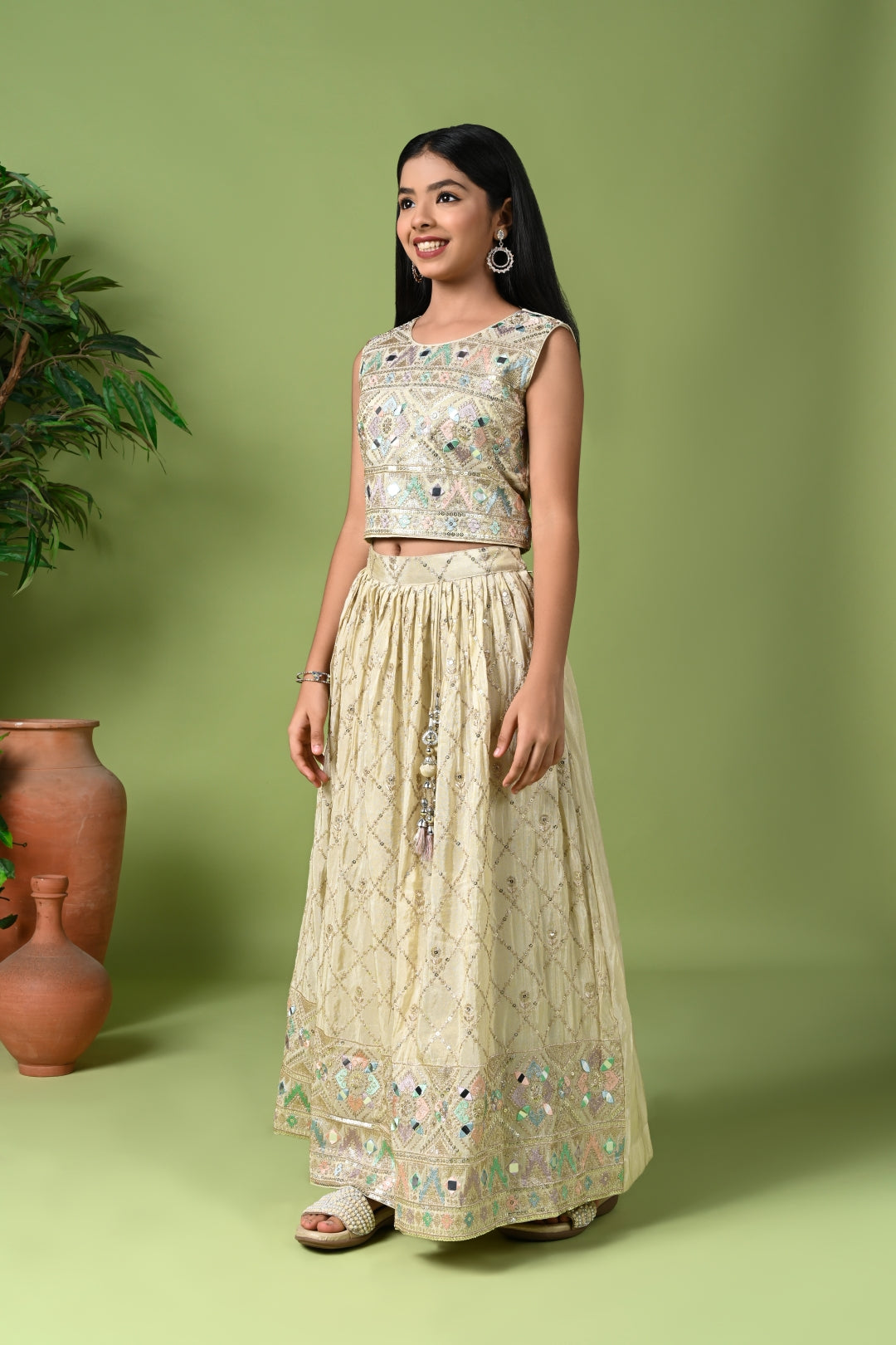 Golden Beige Embroidered Lehenga Set with Crop Top