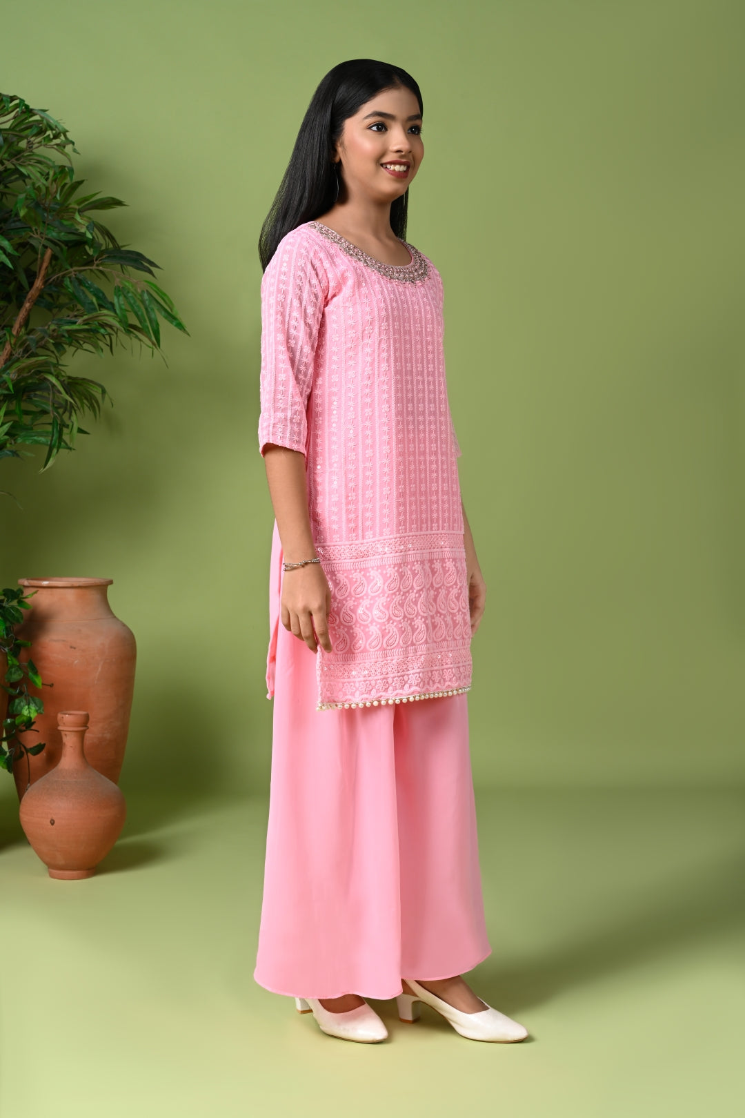 Pink Embroidered Kurta with Palazzo Pants & Dupatta