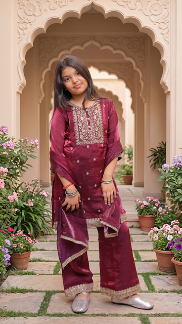 Satin Zari Embroidered Indo Western Pallazo Set