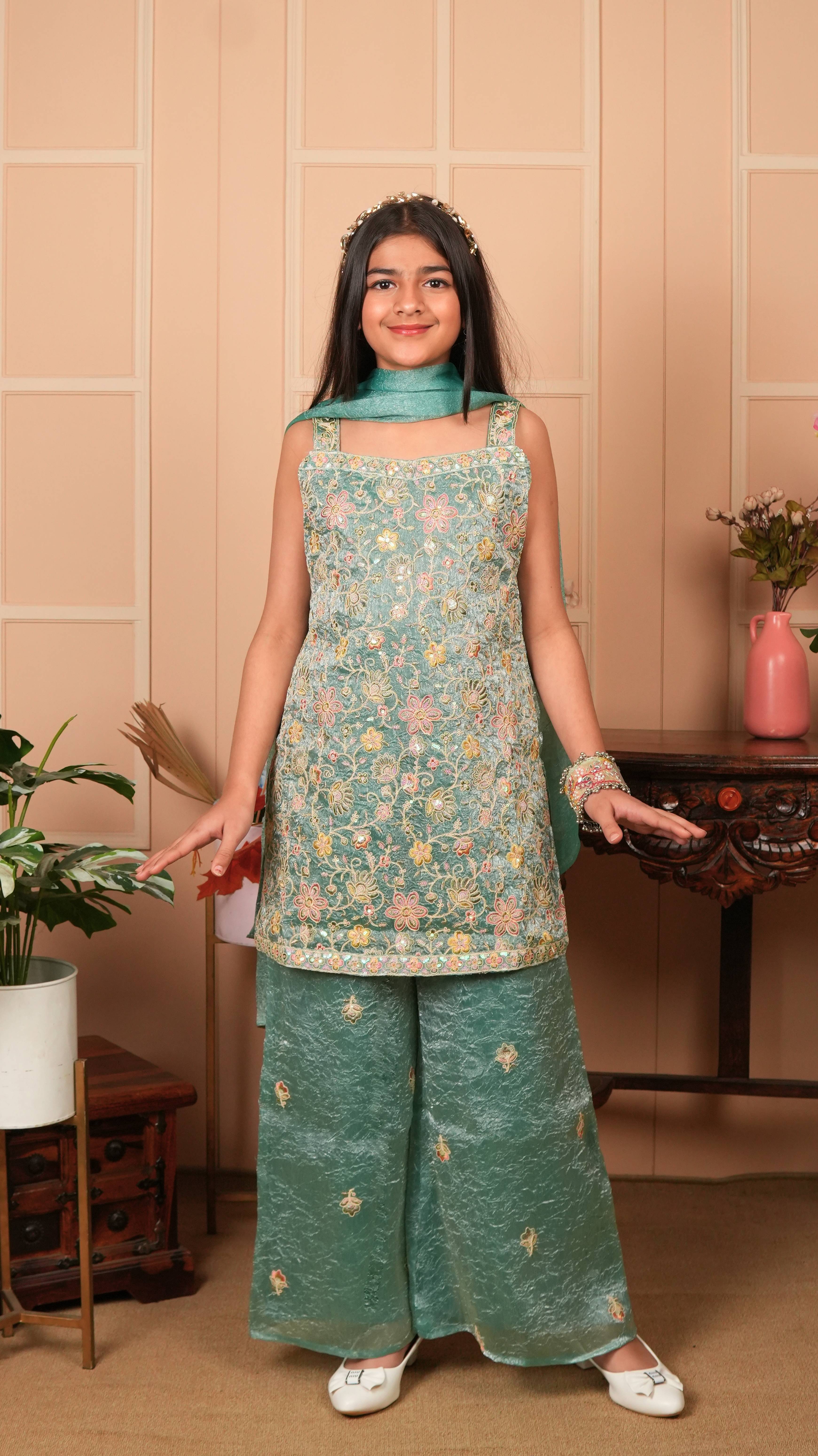 Firoza Satin Crush Embroidered Pallazo Set with Dupatta