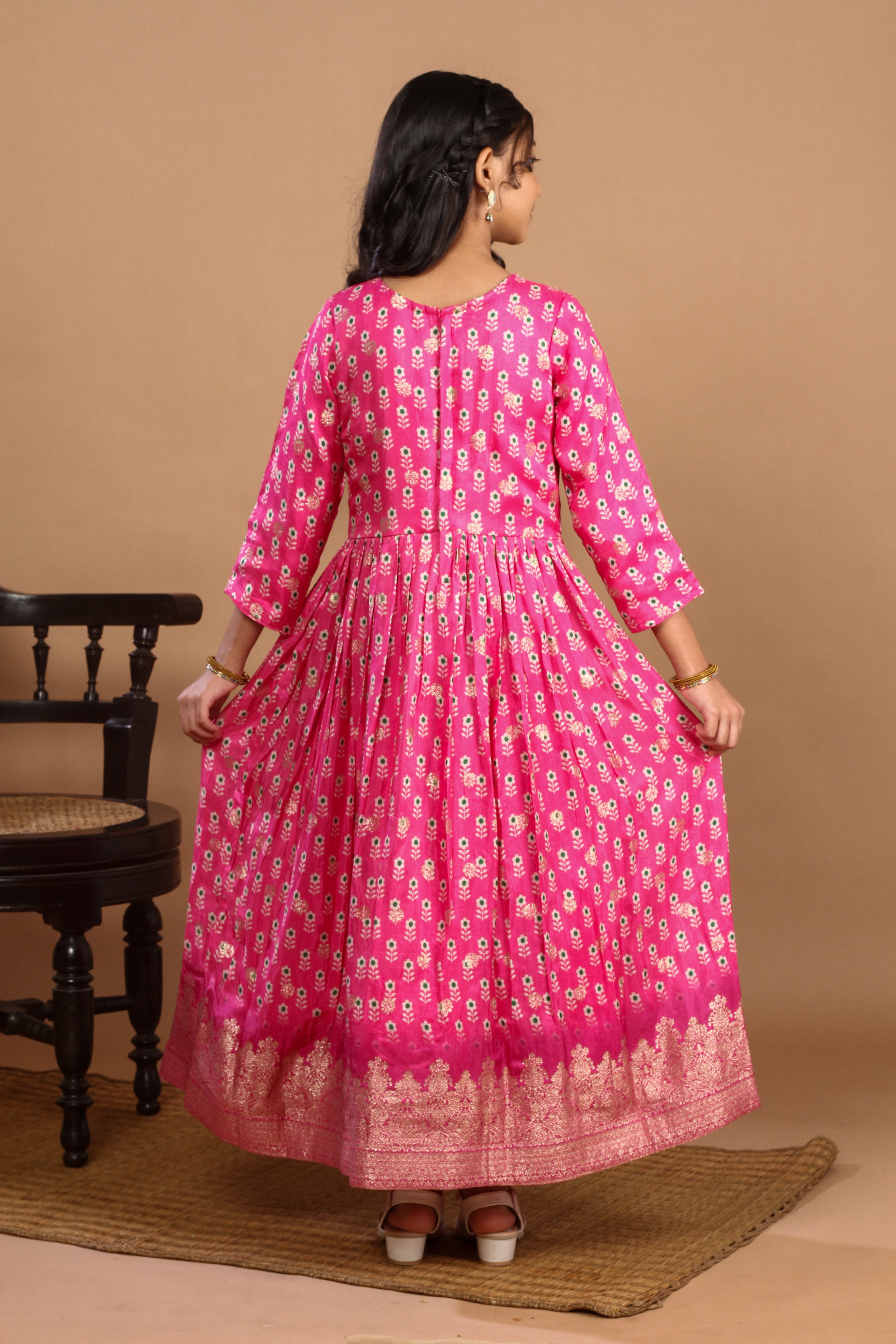 Jacquard Embroidered and Printed Rani Colour Gown Set with Dupatta