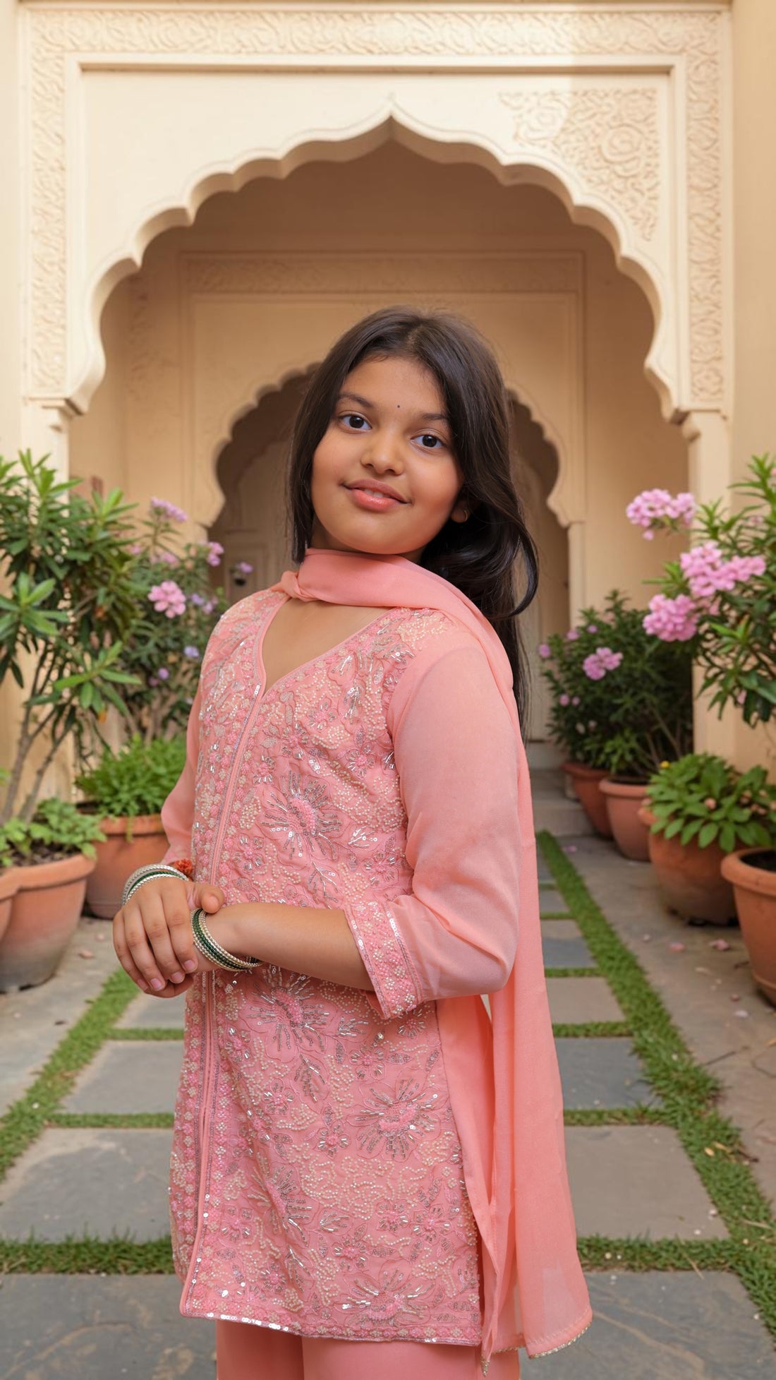 Peach Beads and Sequins Hand Embroidered Georgette Pallazo Set