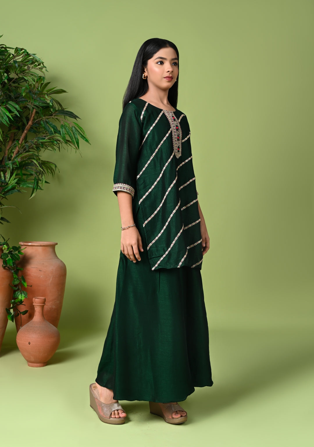 Green Silk Embroidered Kurta Set with Palazzo Pants and Dupatta