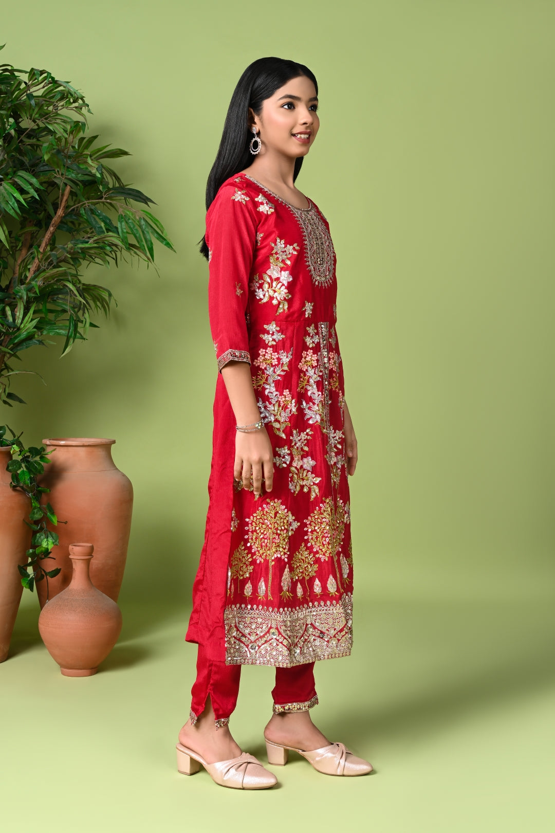 Red Embroidered Long Kurta with Pants & Dupatta