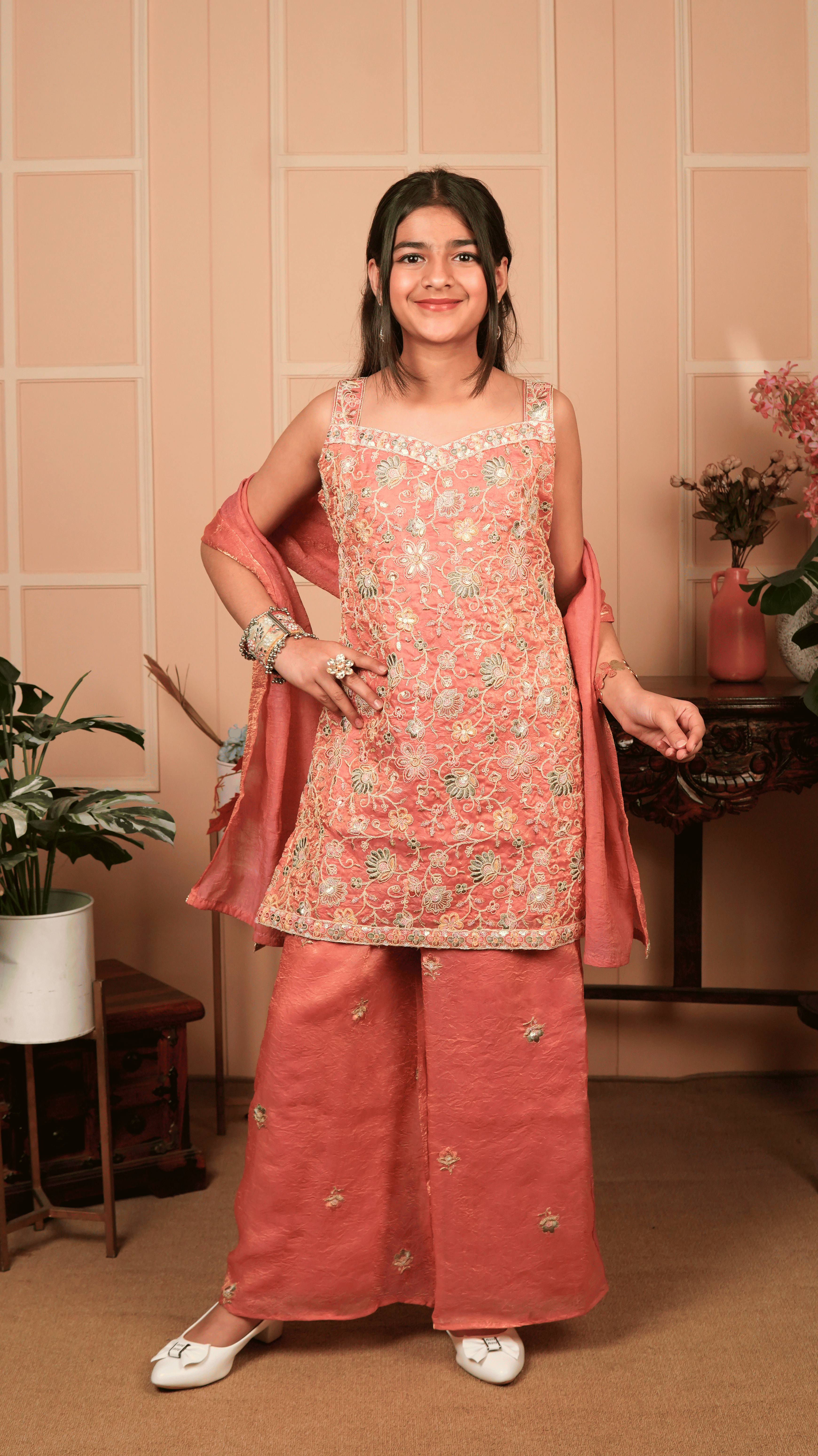 Peach Satin Crush Embroidered Pallazo Set with Dupatta