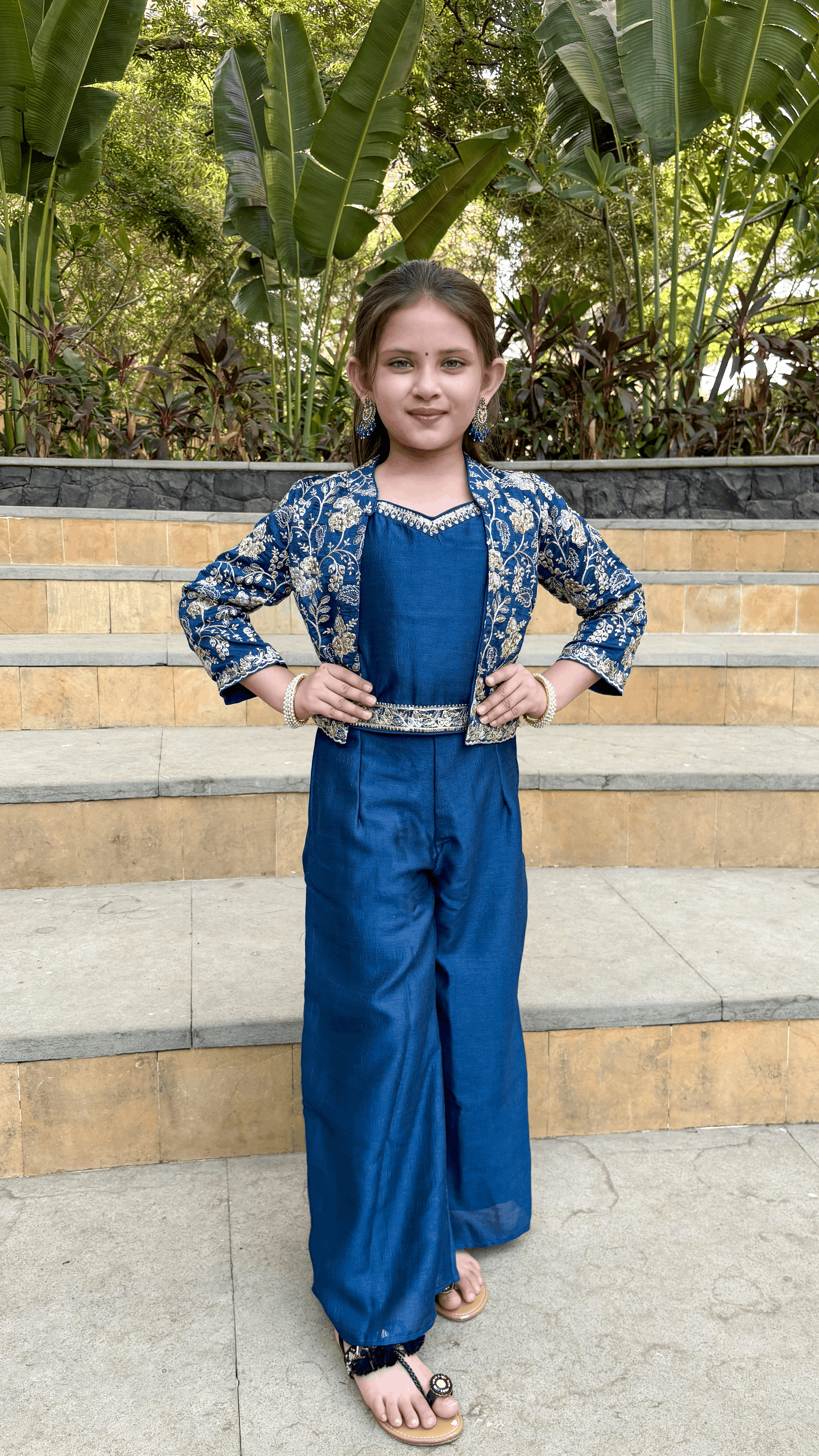 Blue Silk-blend Embroidered Palazzo Set with Crop Top and Jacket Indo Western Outfit