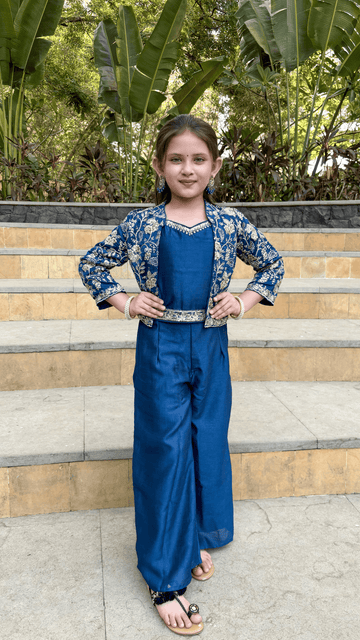 Blue Silk-blend Embroidered Palazzo Set with Crop Top and Jacket Indo Western Outfit